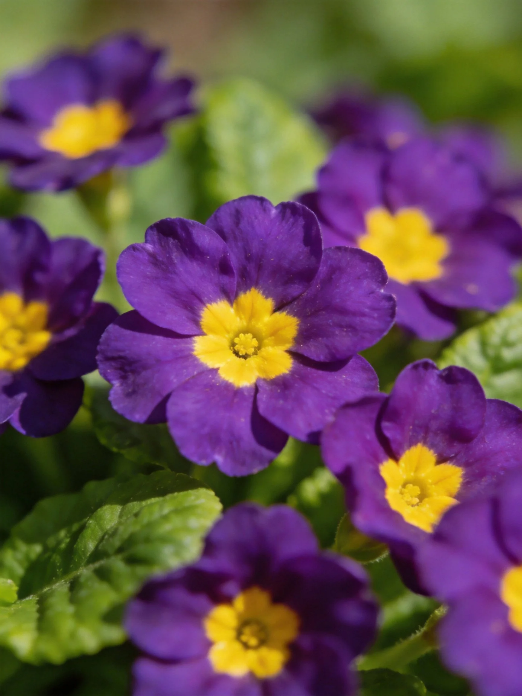 Vibrant purple primroses with bright yellow centers amid lush green foliage