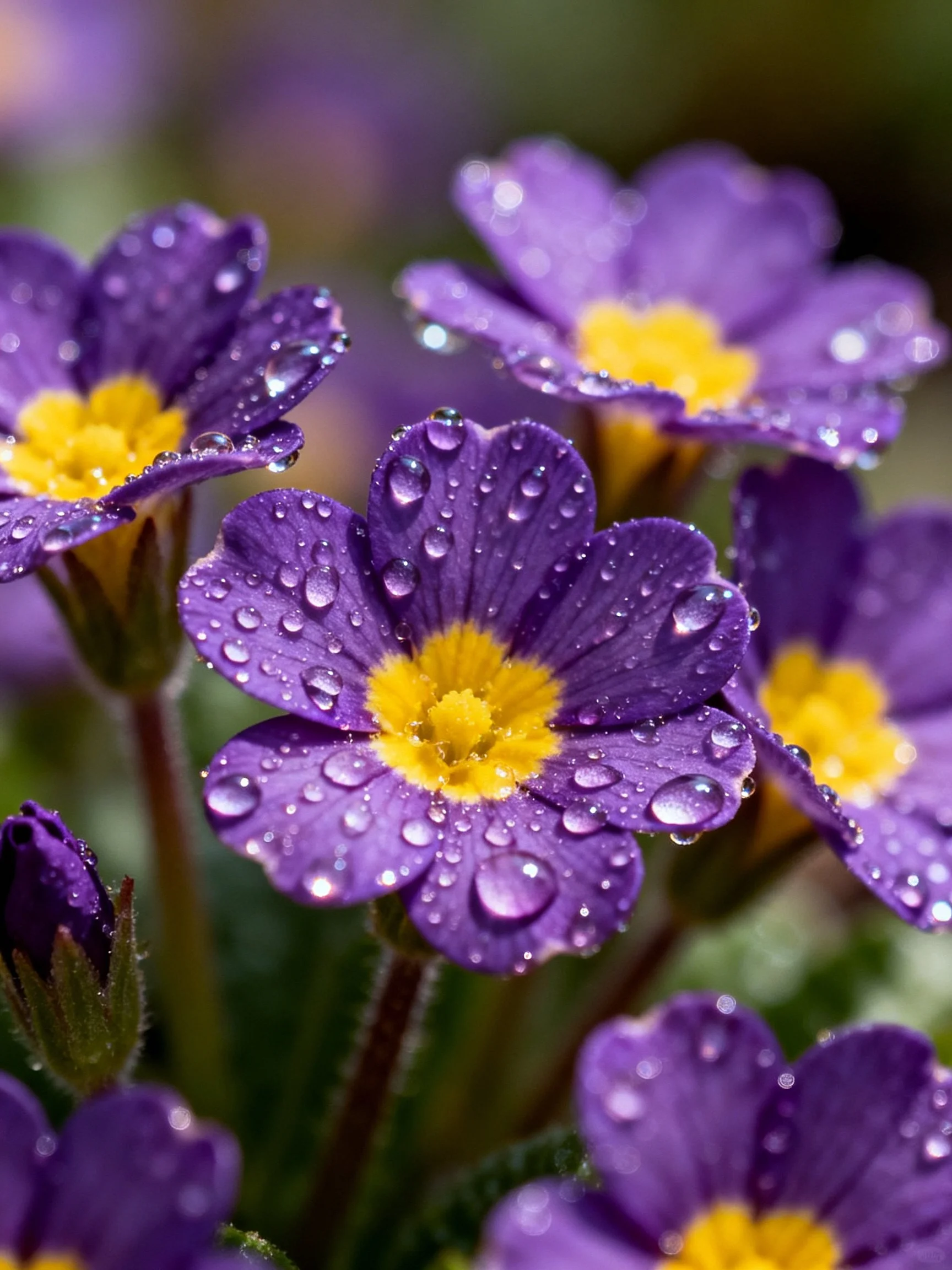 Vibrant purple primroses with glistening water droplets