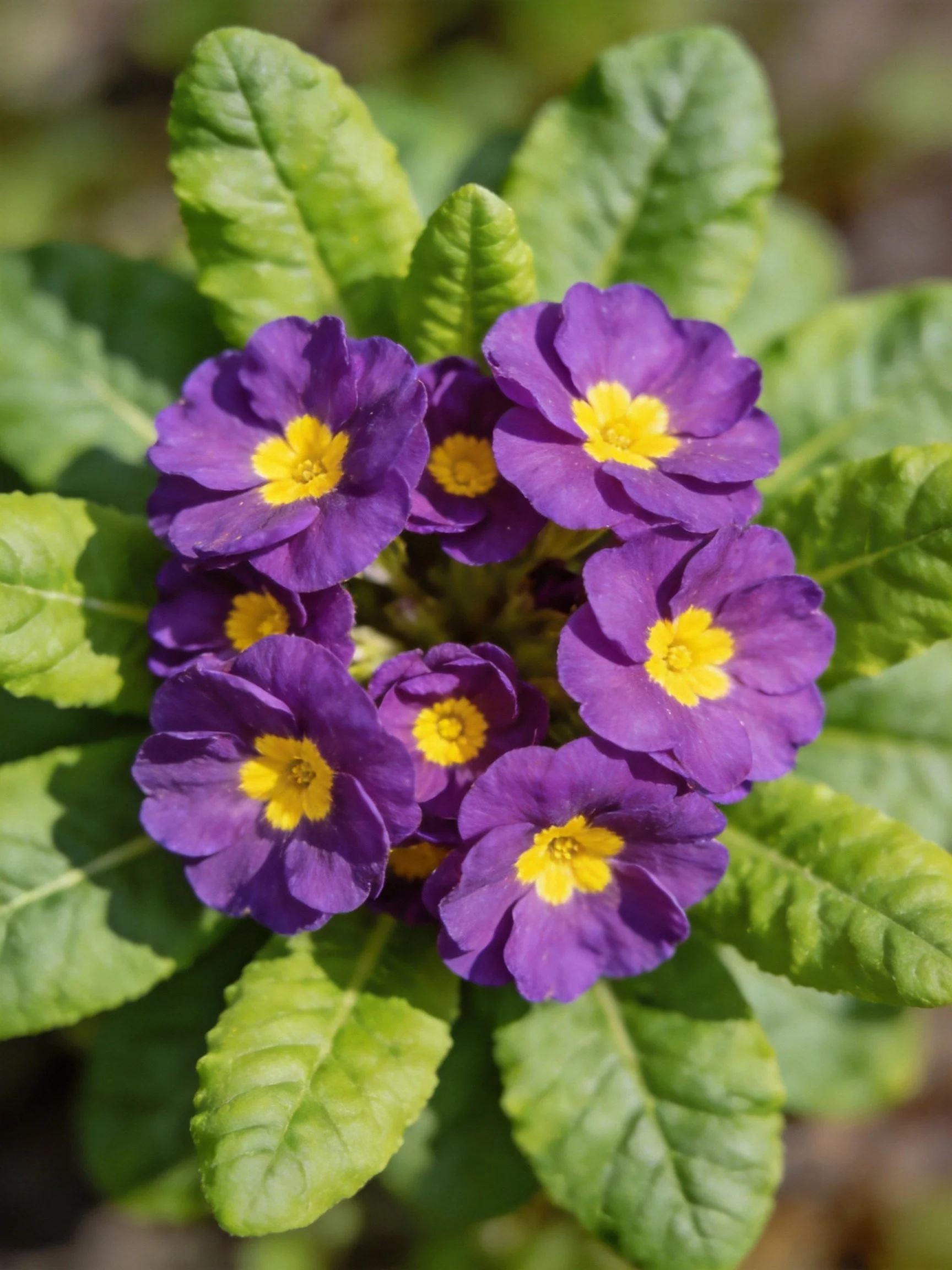 Vibrant purple primroses with yellow centers amidst broad green leaves