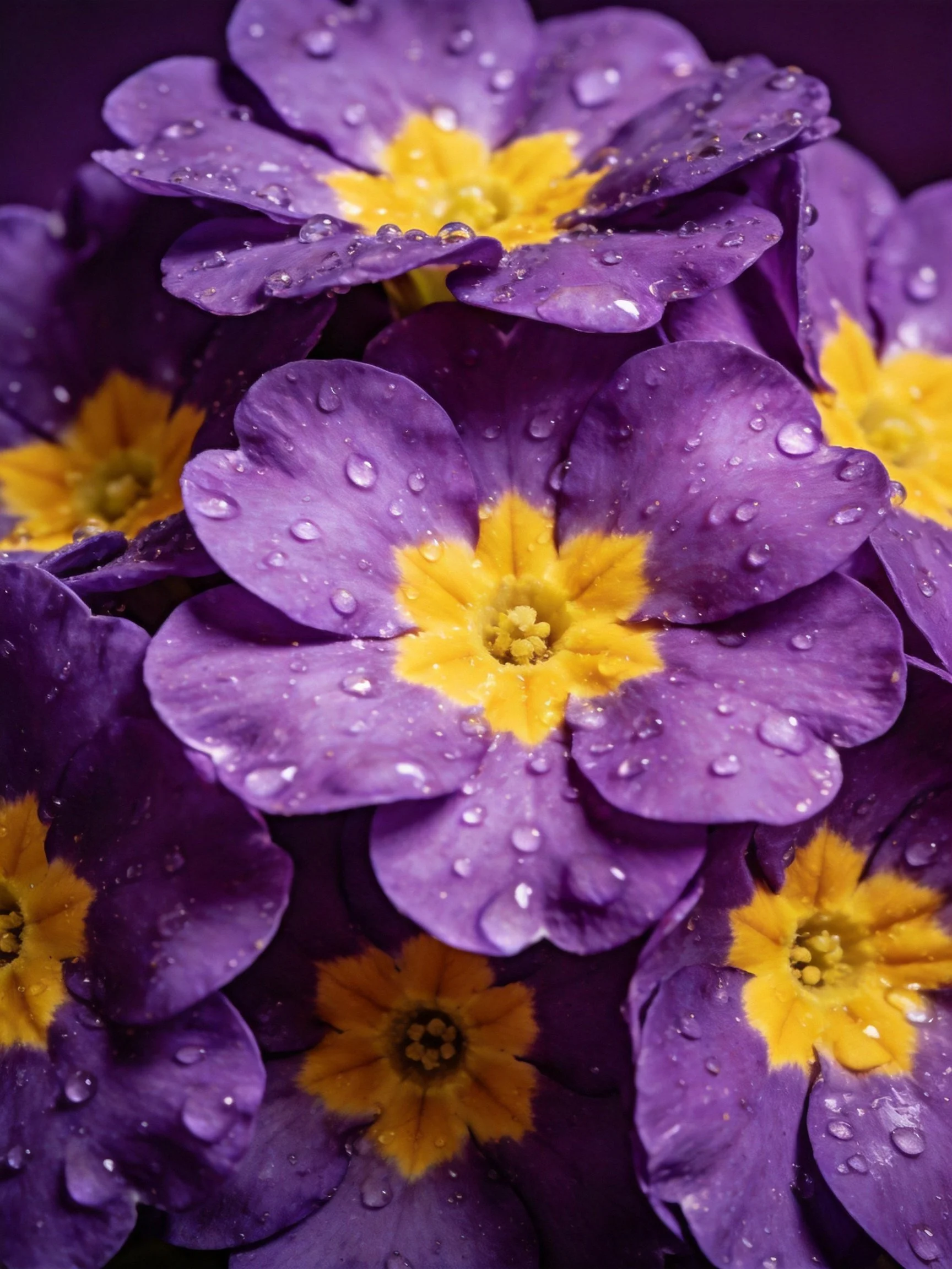 Vibrant purple primroses with yellow centers and water droplets
