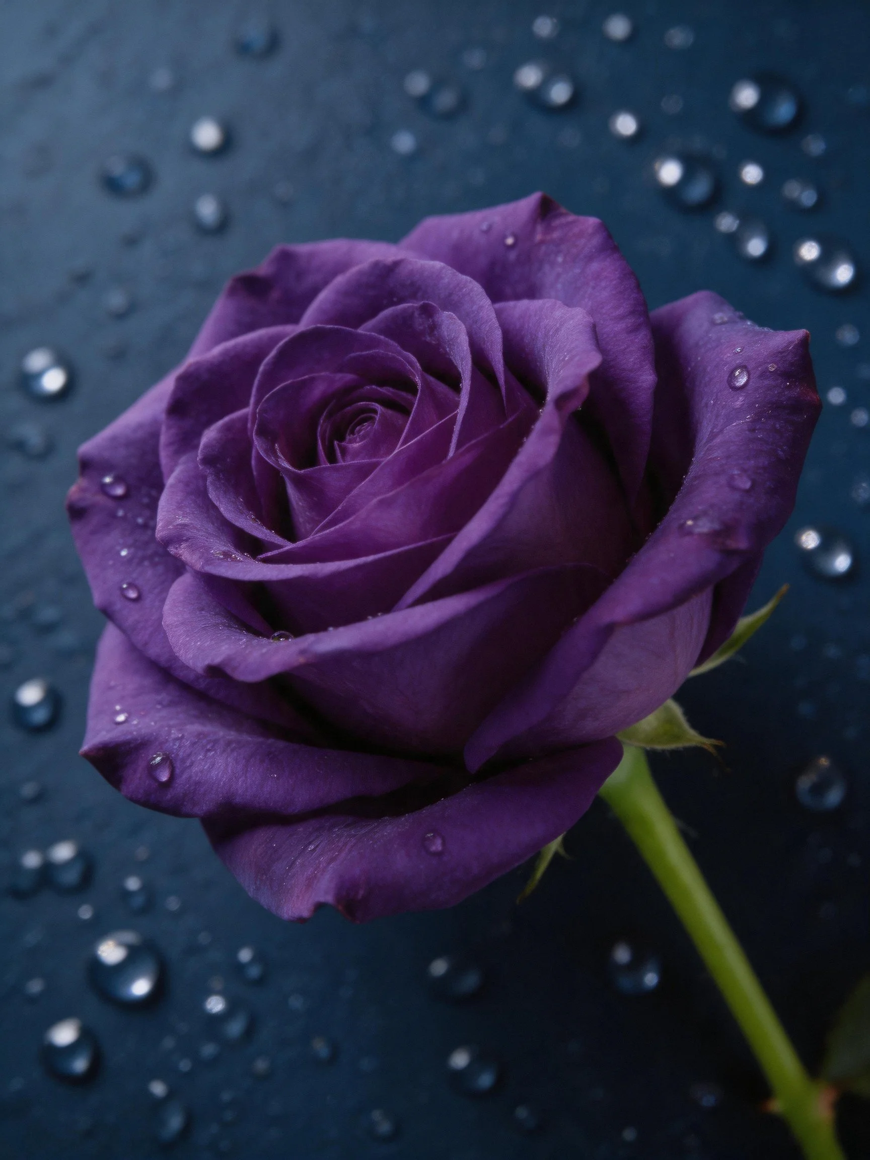 Vibrant purple rose with water droplets on dark blue surface