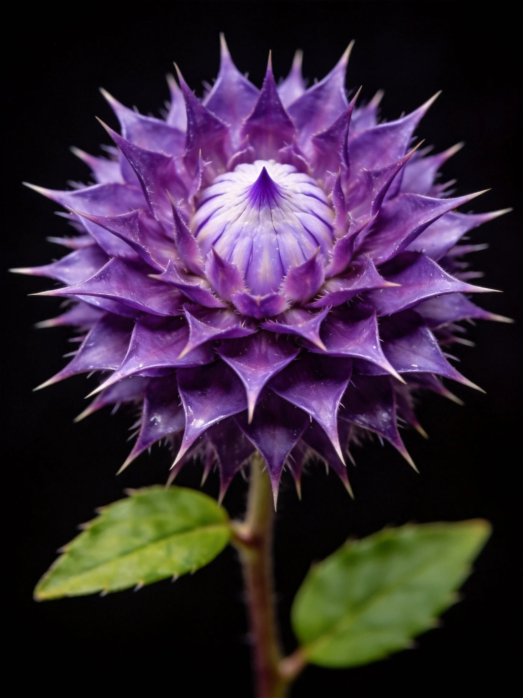 Vibrant purple spiky flower with green leaves on dark background