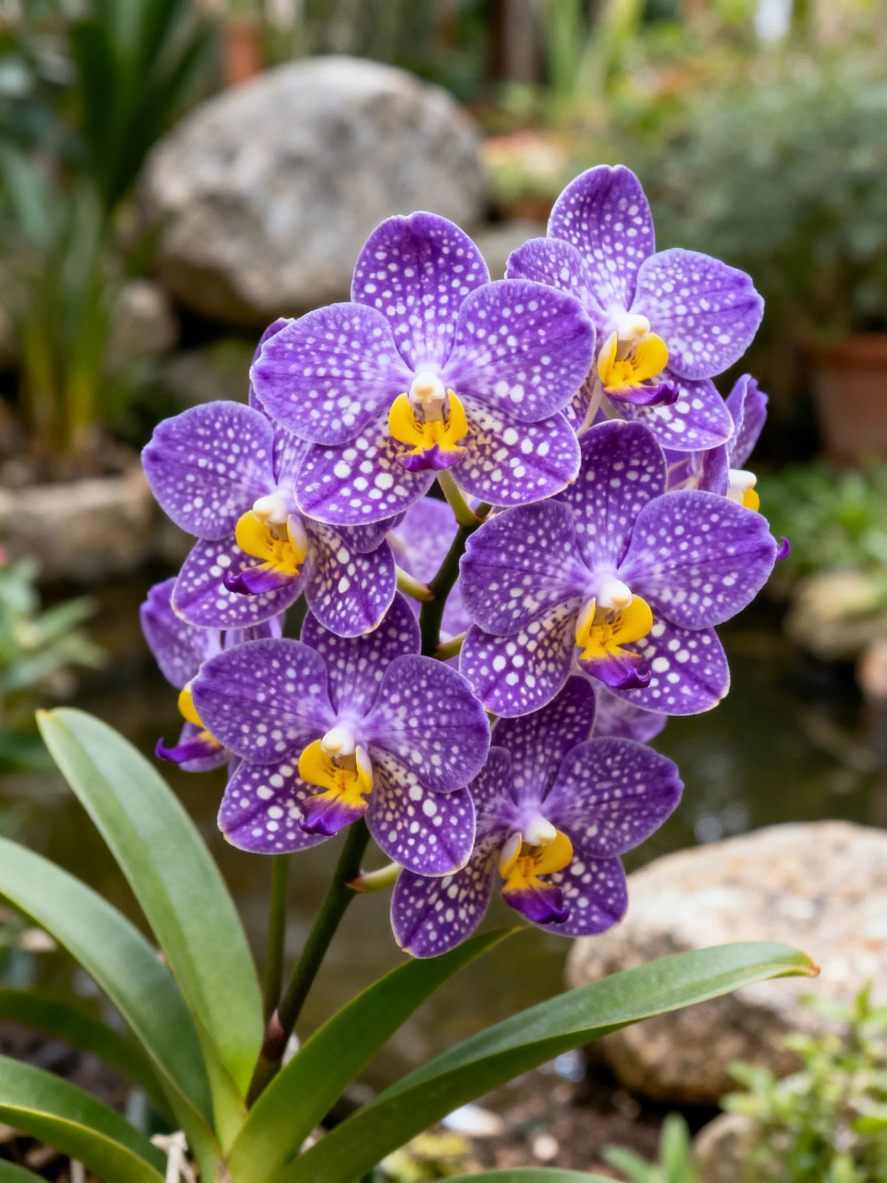 Vibrant purple spotted orchid cluster with yellow centers