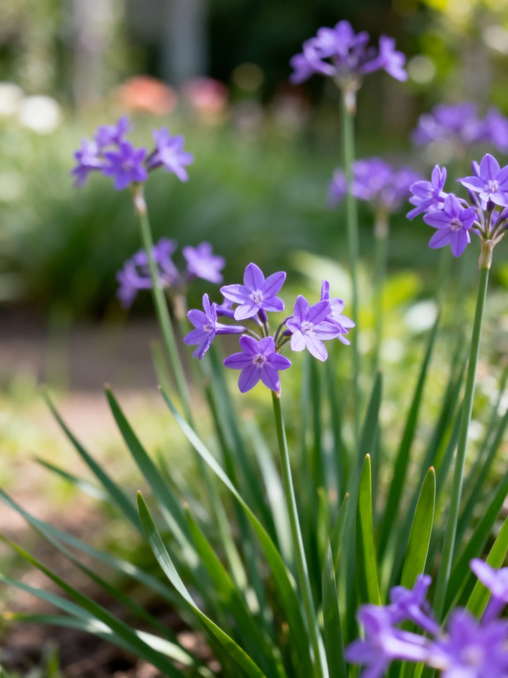 Vibrant purple star - shaped flowers bloom among slender green foliage in a sunlit garden