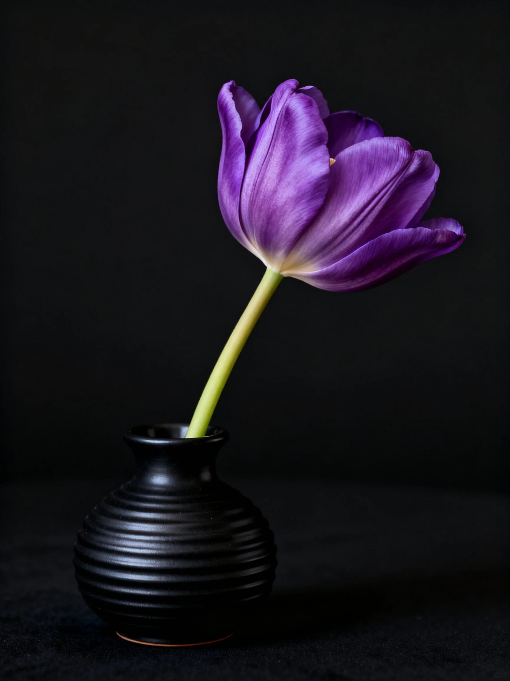Vibrant purple tulip in a sleek black vase