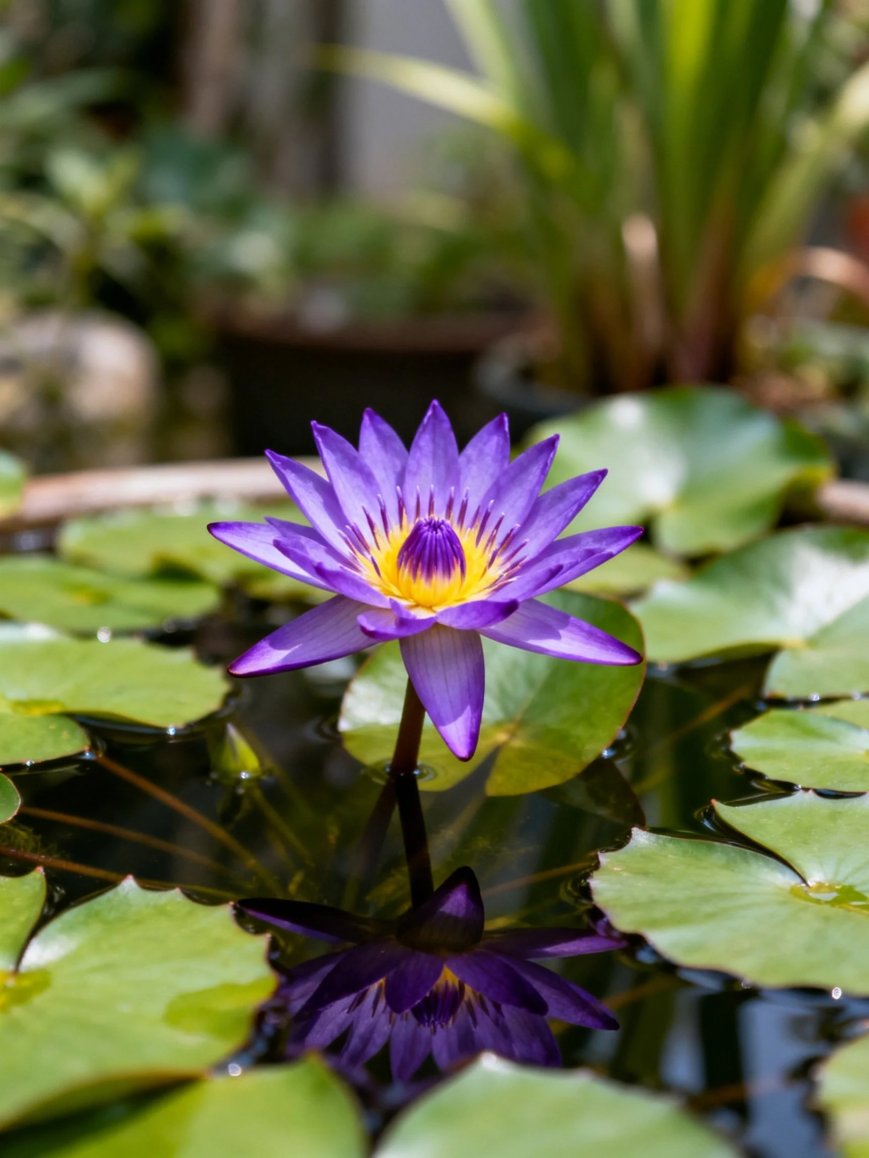 Vibrant purple water lily blooming amid green lily pads with water reflection