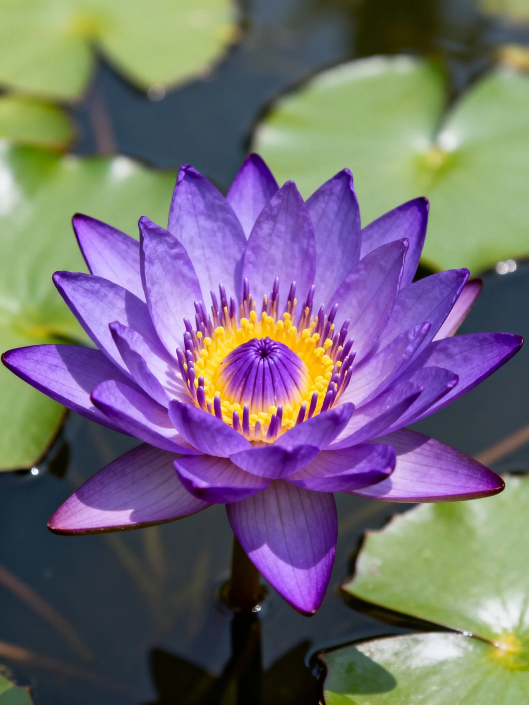 Vibrant purple water lily blooms among green lily pads
