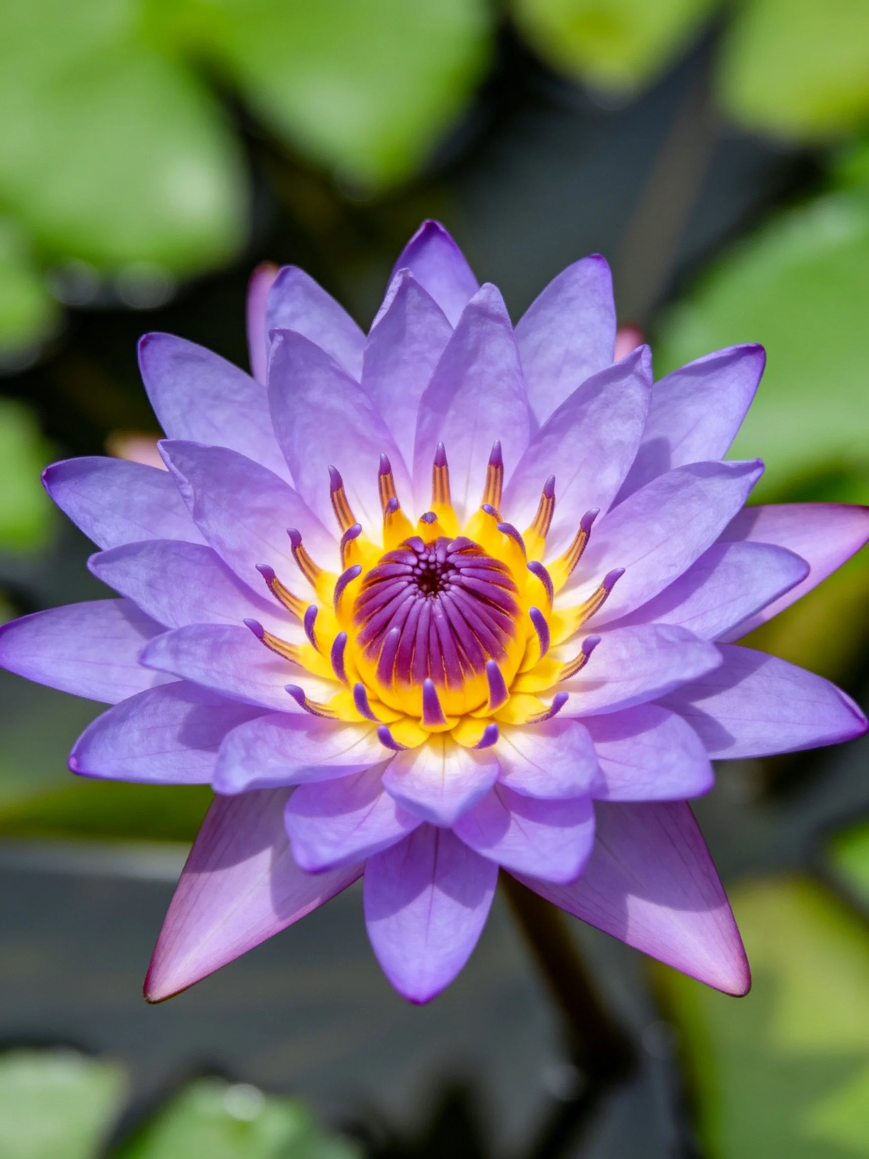 Vibrant purple water lily with golden-yellow center