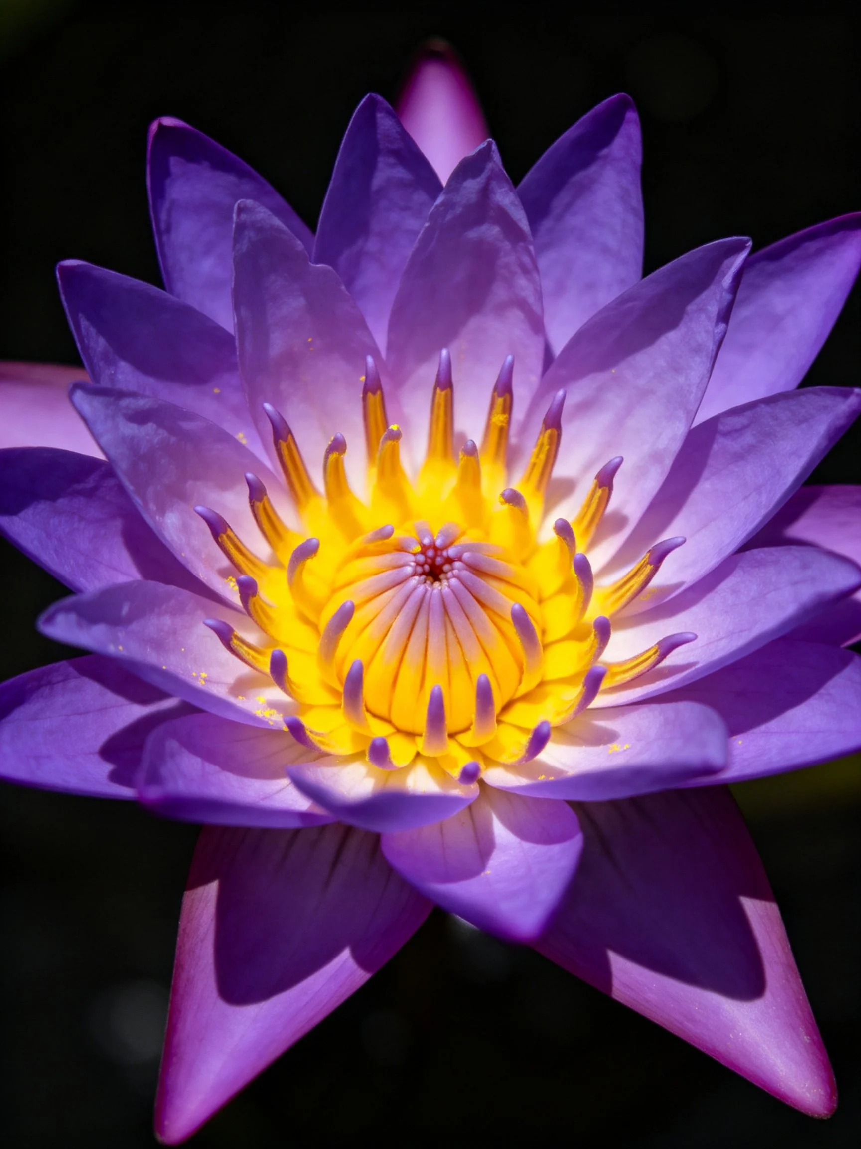 Vibrant purple water lily with golden-yellow center