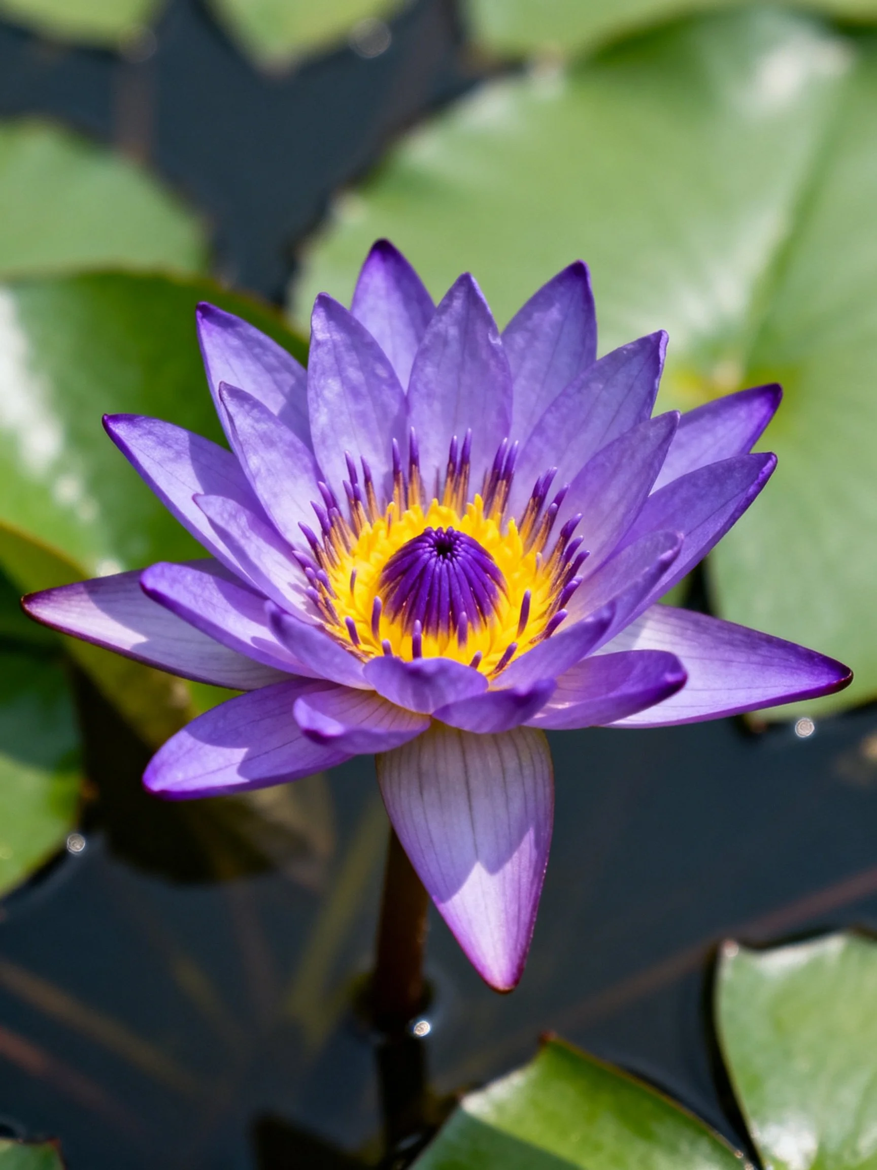 Vibrant purple water lily with yellow center amid green lily pads