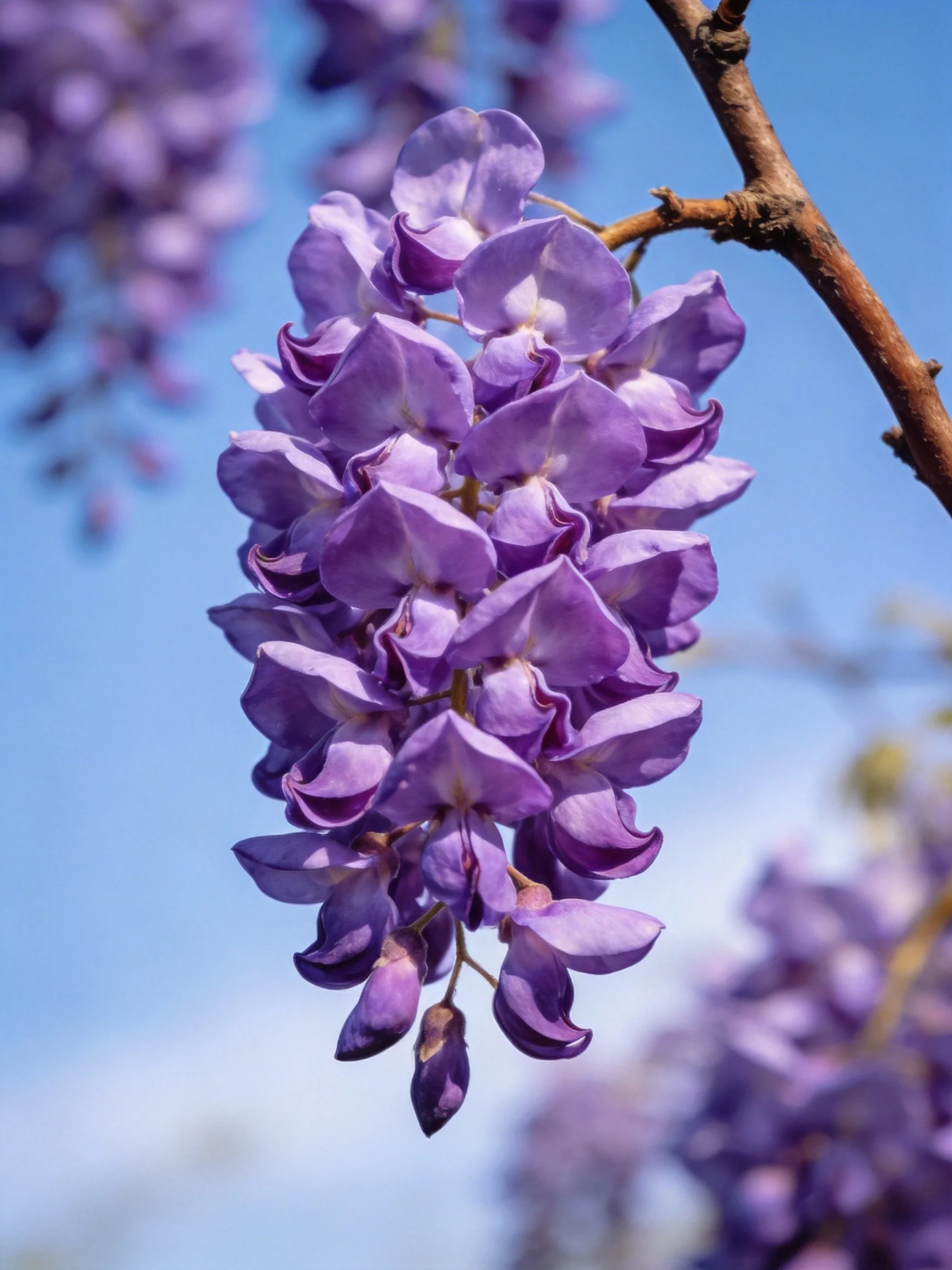 Vibrant purple wisteria blooms cascade from a brown tree branch