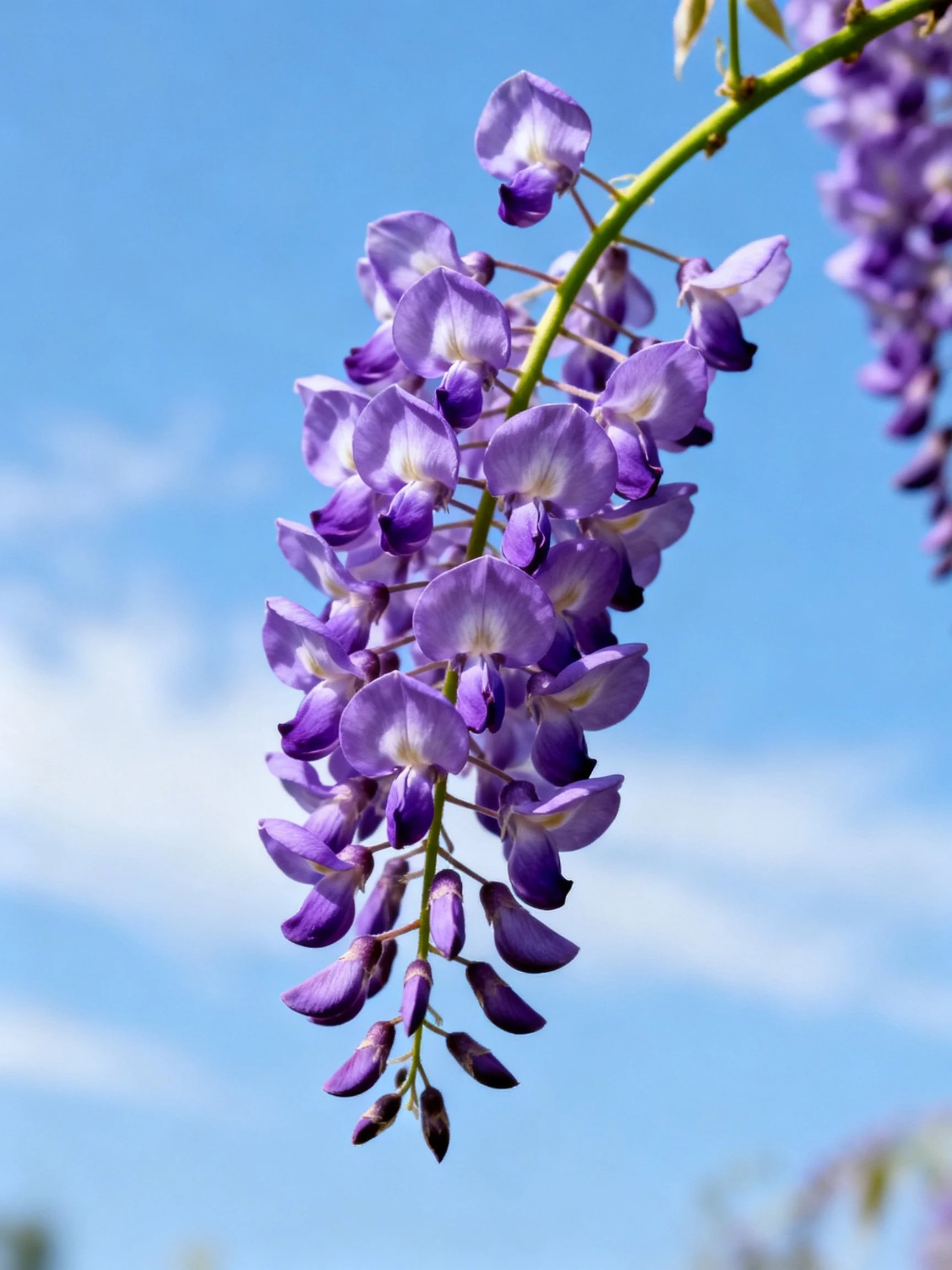 Vibrant purple wisteria blooms cascade from a green vine under clear blue sky