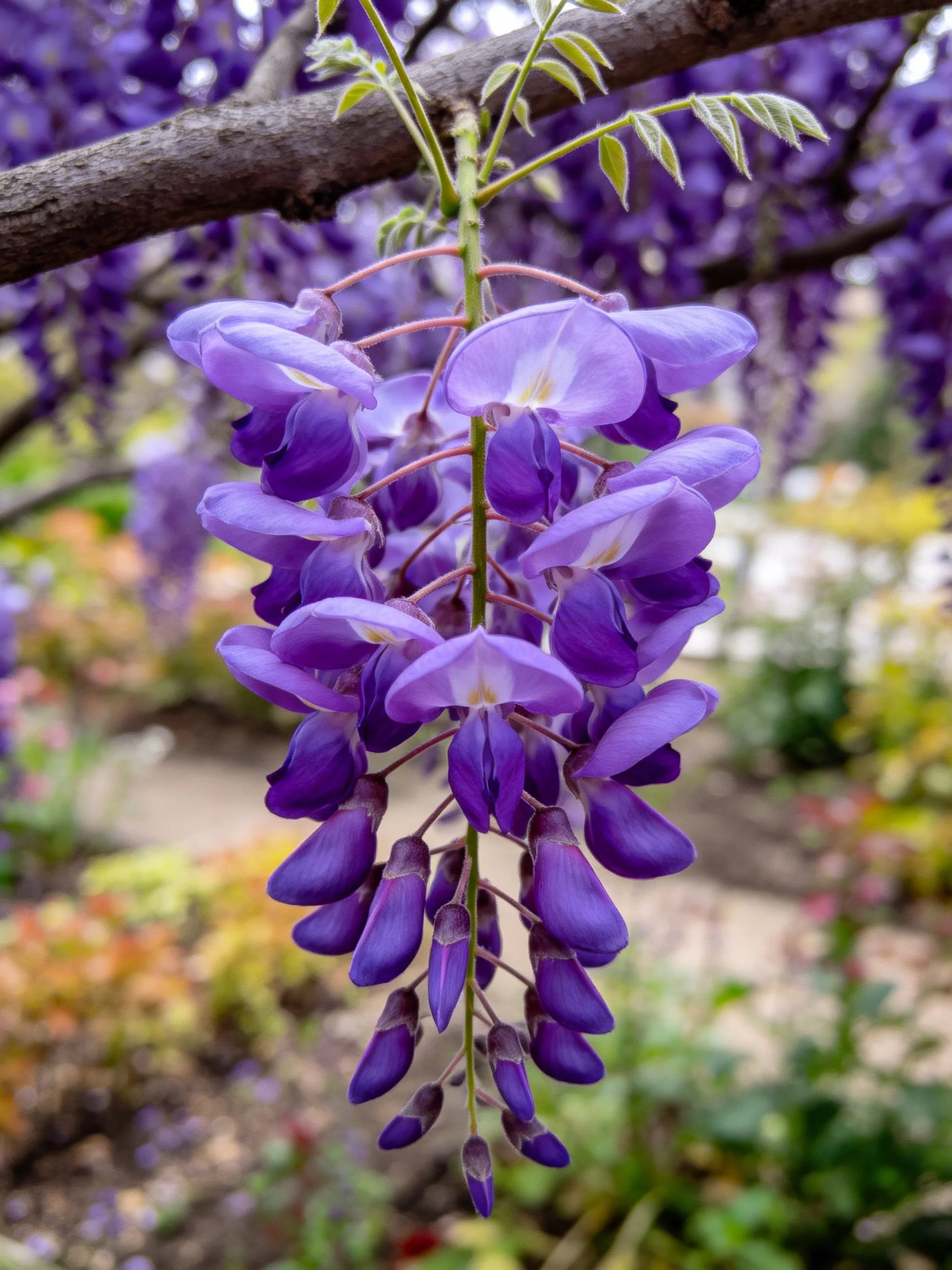 Vibrant purple wisteria blooms hang in cascading clusters