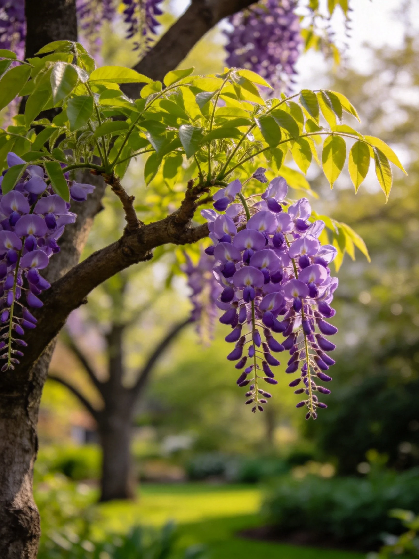 Vibrant purple wisteria clusters dangle from a gnarled tree branch