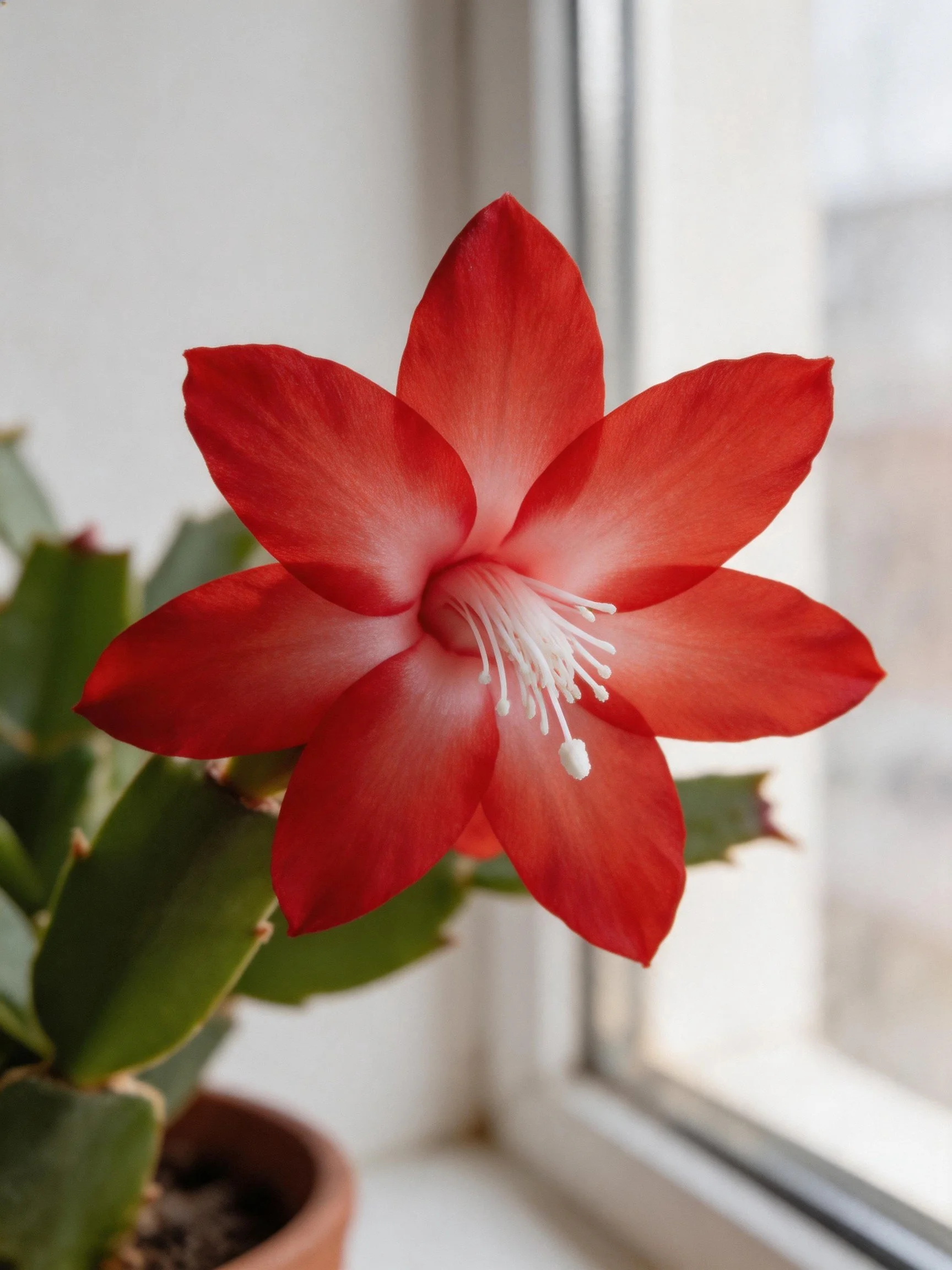 Vibrant red Christmas cactus flower blooming near a window