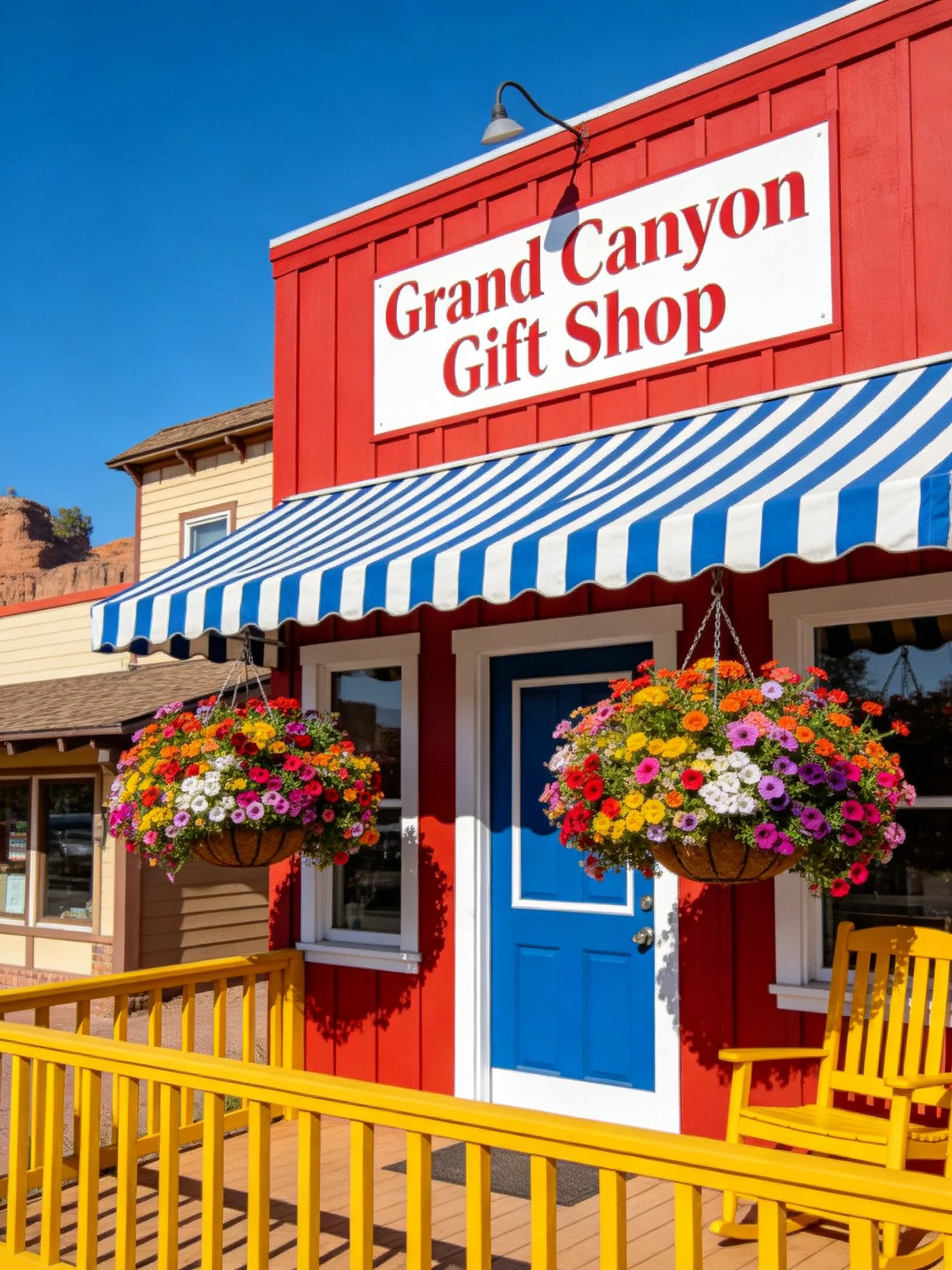 Vibrant red Grand Canyon Gift Shop with blue awning and flower baskets