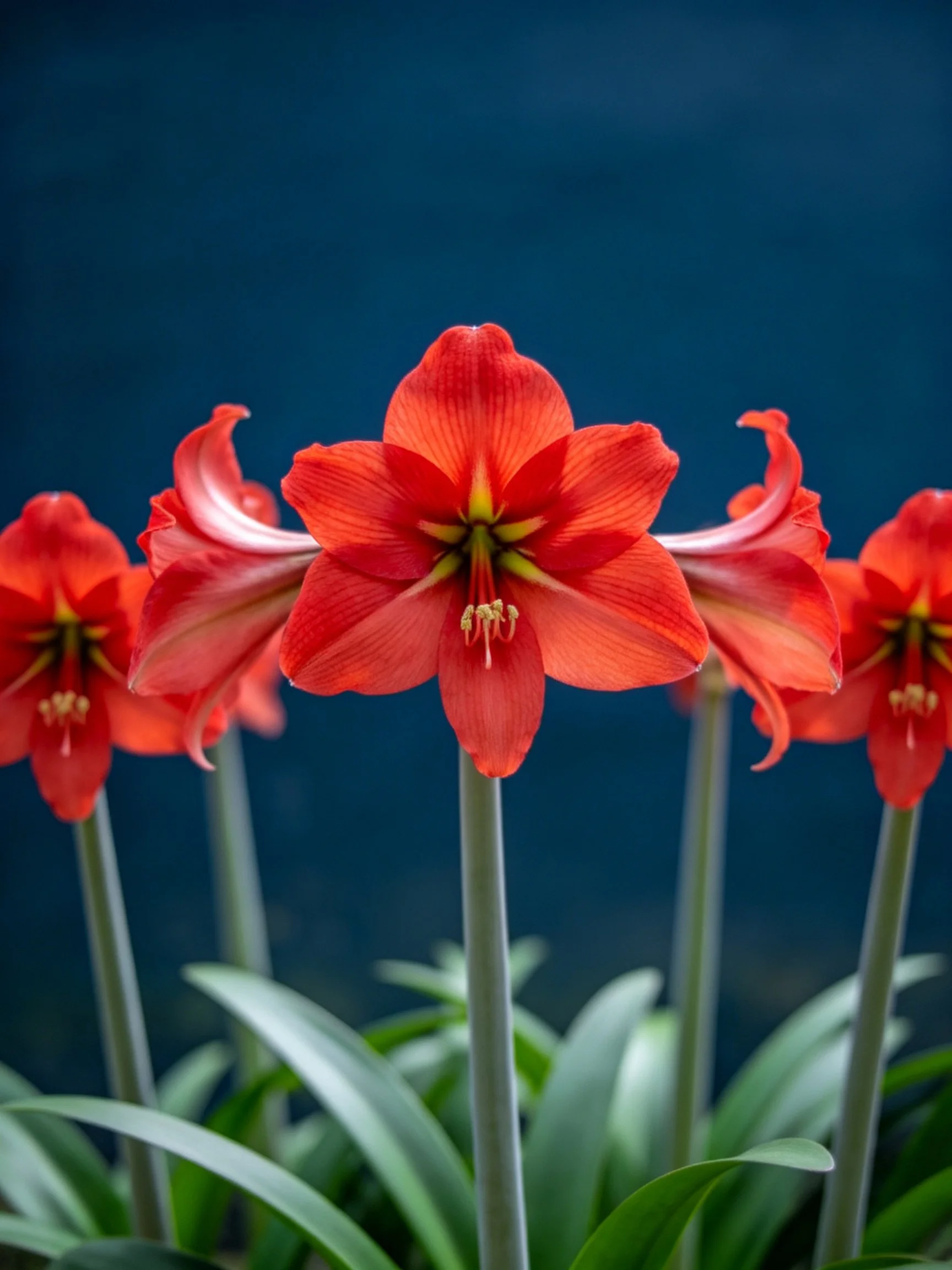 Vibrant red amaryllis blooms with dark blue backdrop
