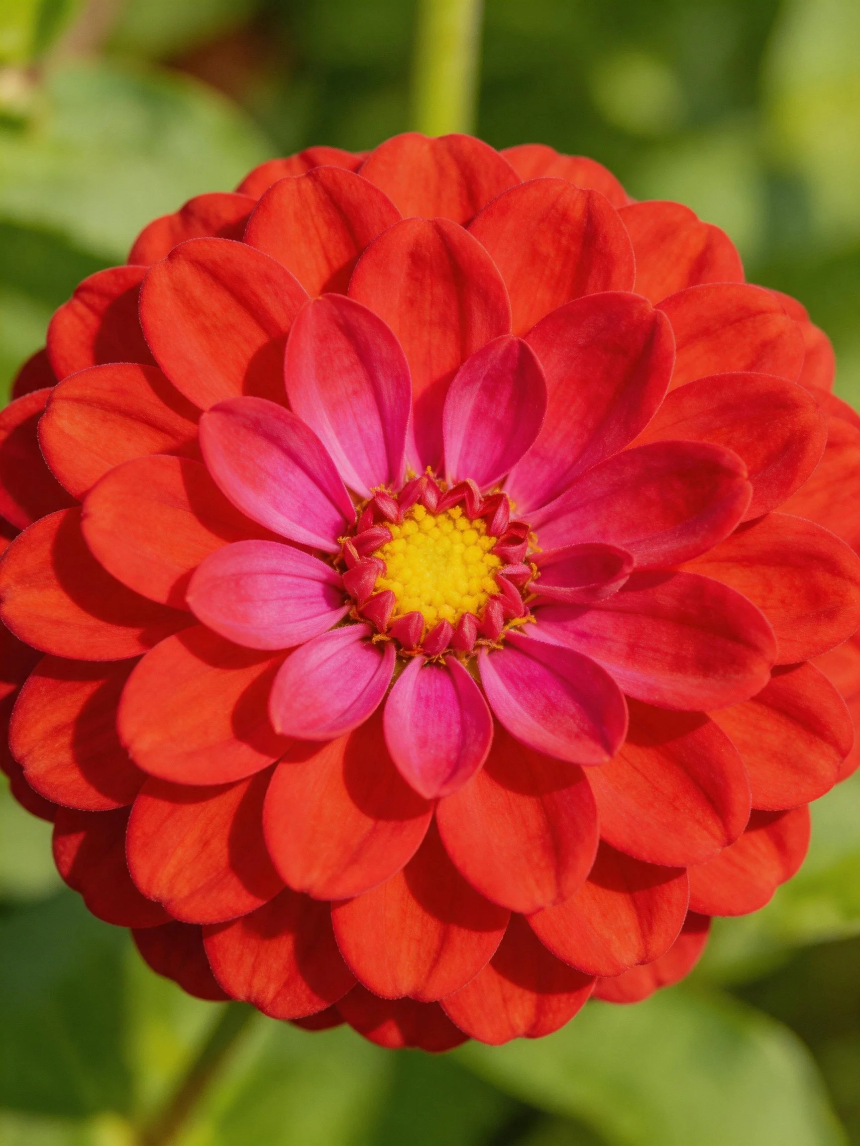Vibrant red and pink zinnia flower with yellow center
