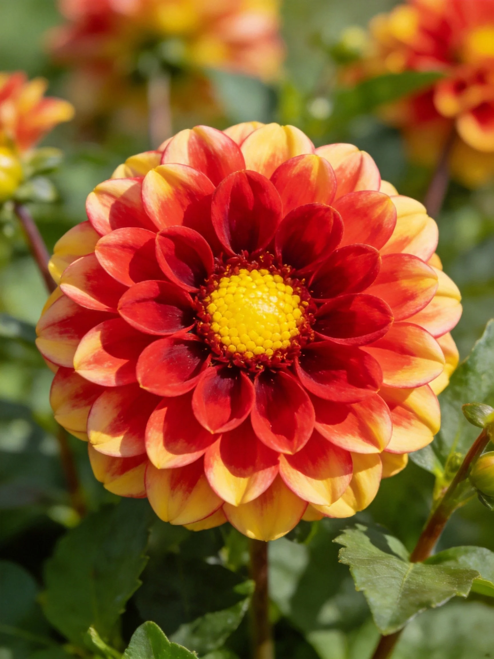 Vibrant red and yellow dahlia with layered petals
