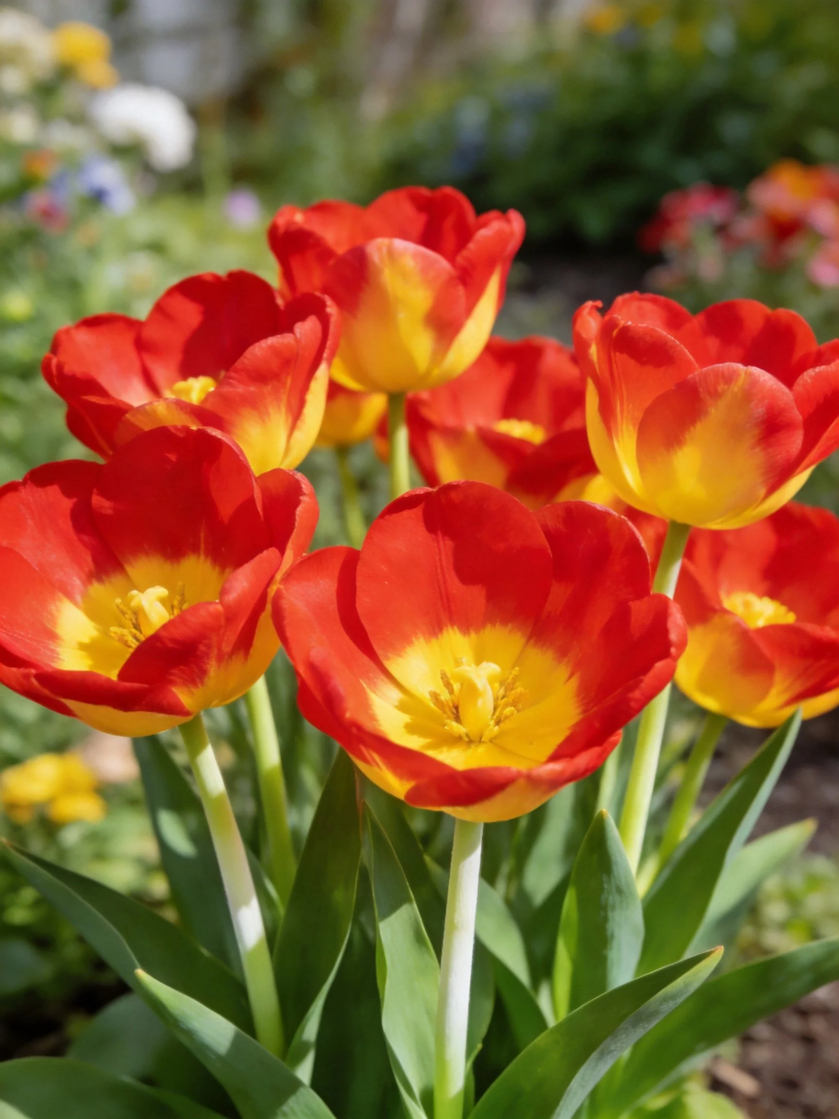 Vibrant red and yellow tulip cluster in sunlit garden