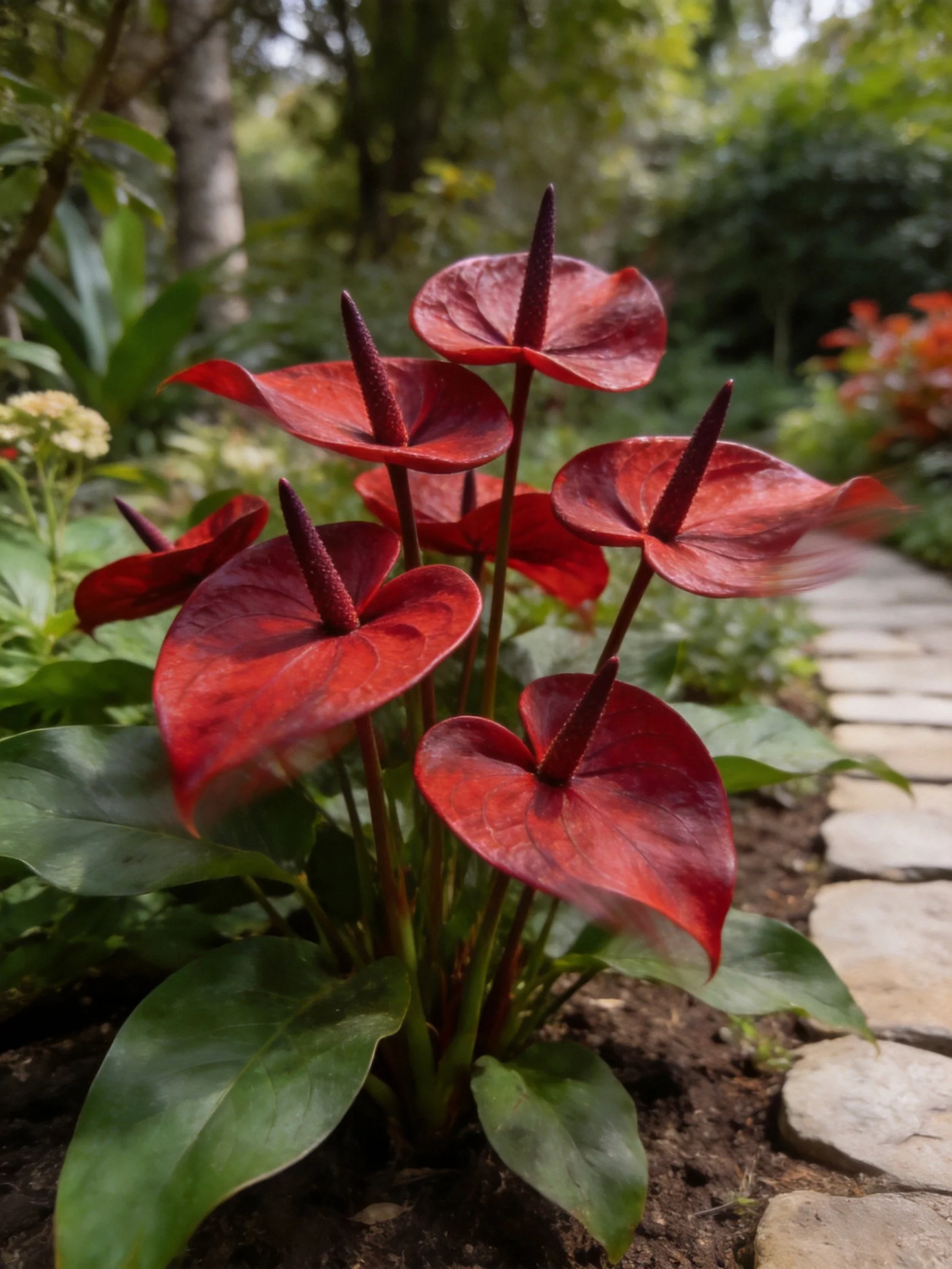 Vibrant red anthurium flowers by a stone garden path