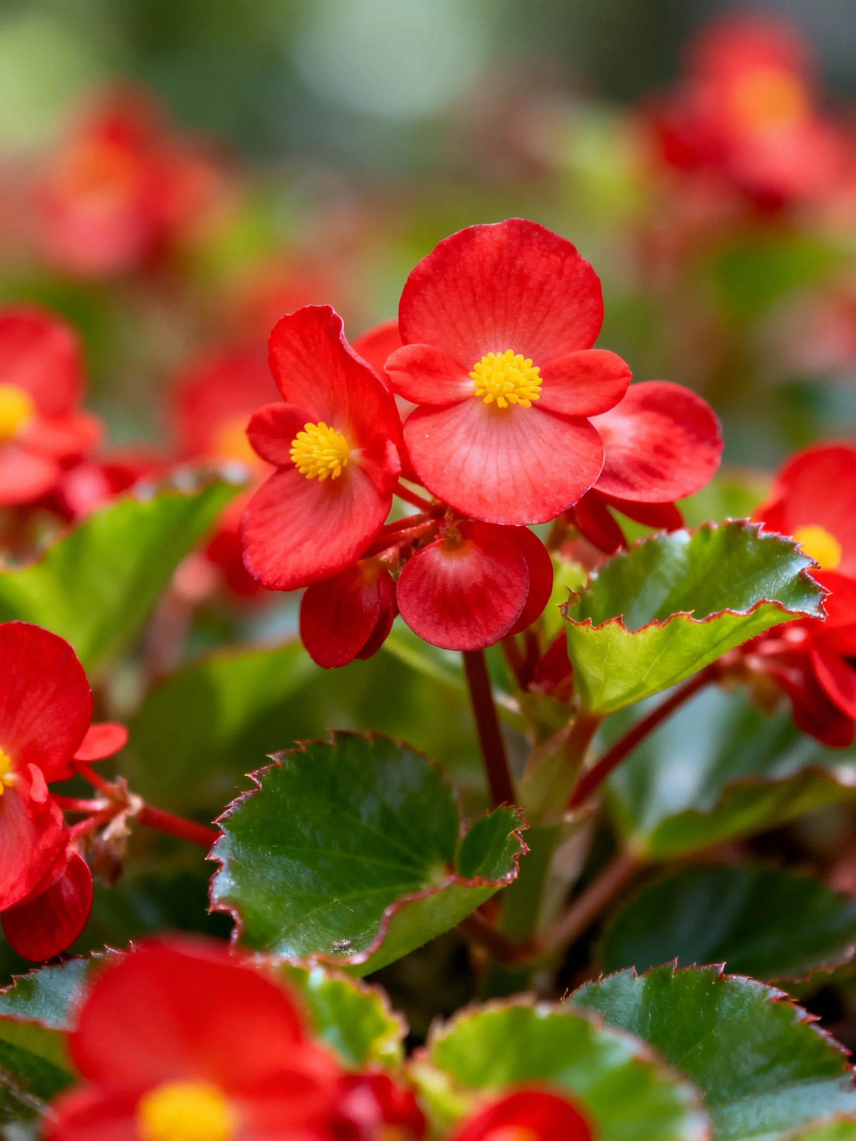 Vibrant red begonia blooms with bright yellow centers and glossy green foliage