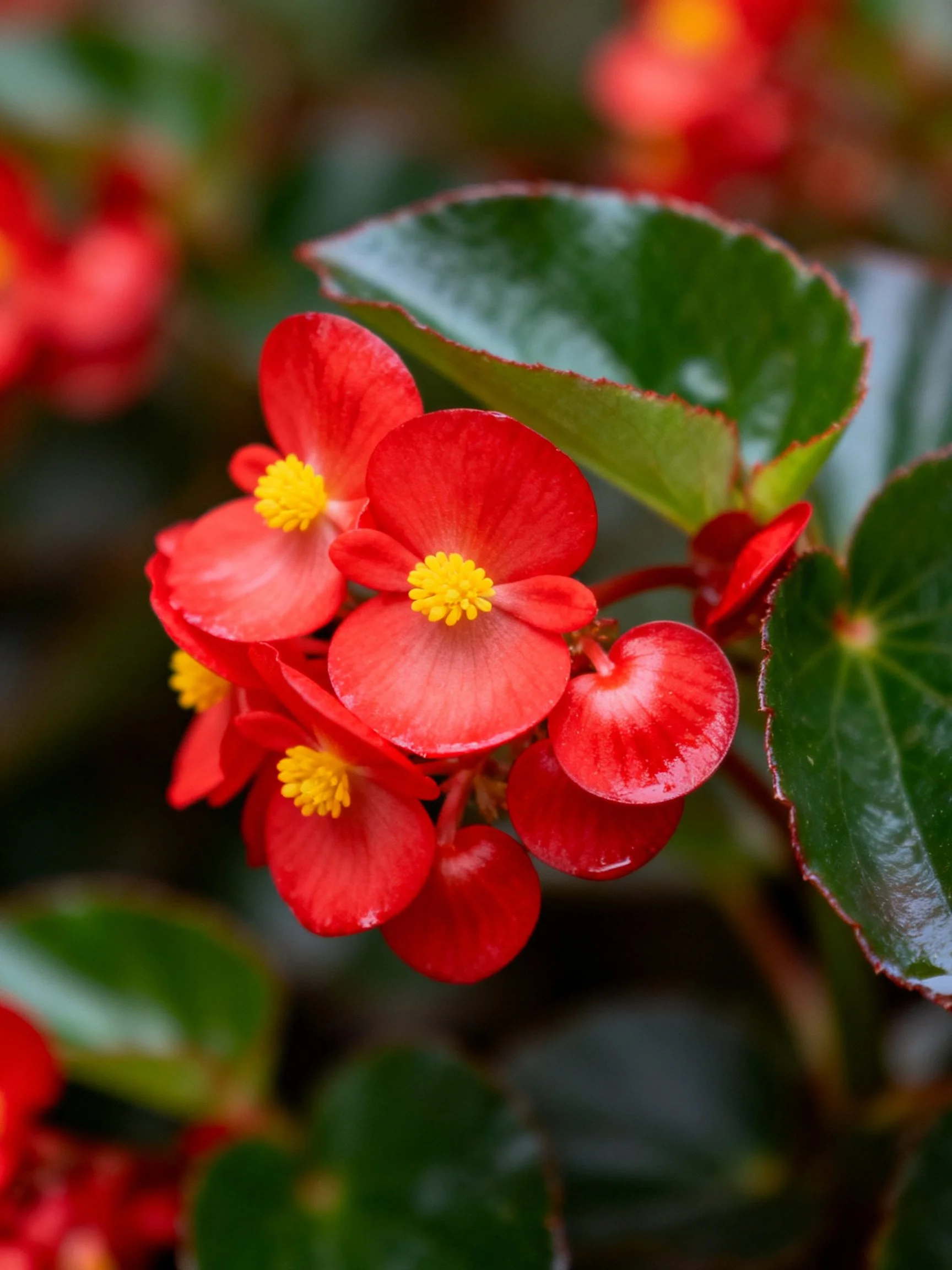 Vibrant red begonia blooms with yellow centers and glossy green leaves