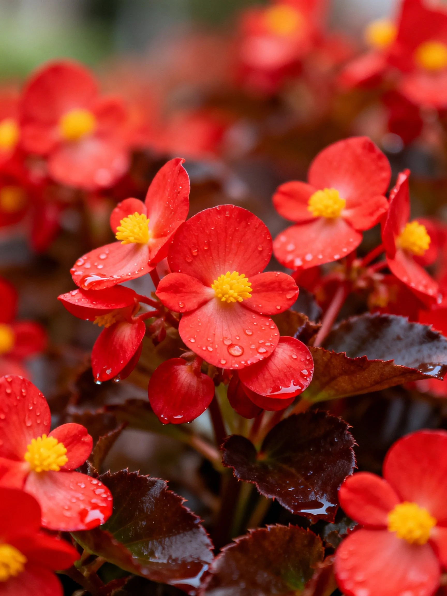 Vibrant red begonia flowers with yellow centers and dewdrops