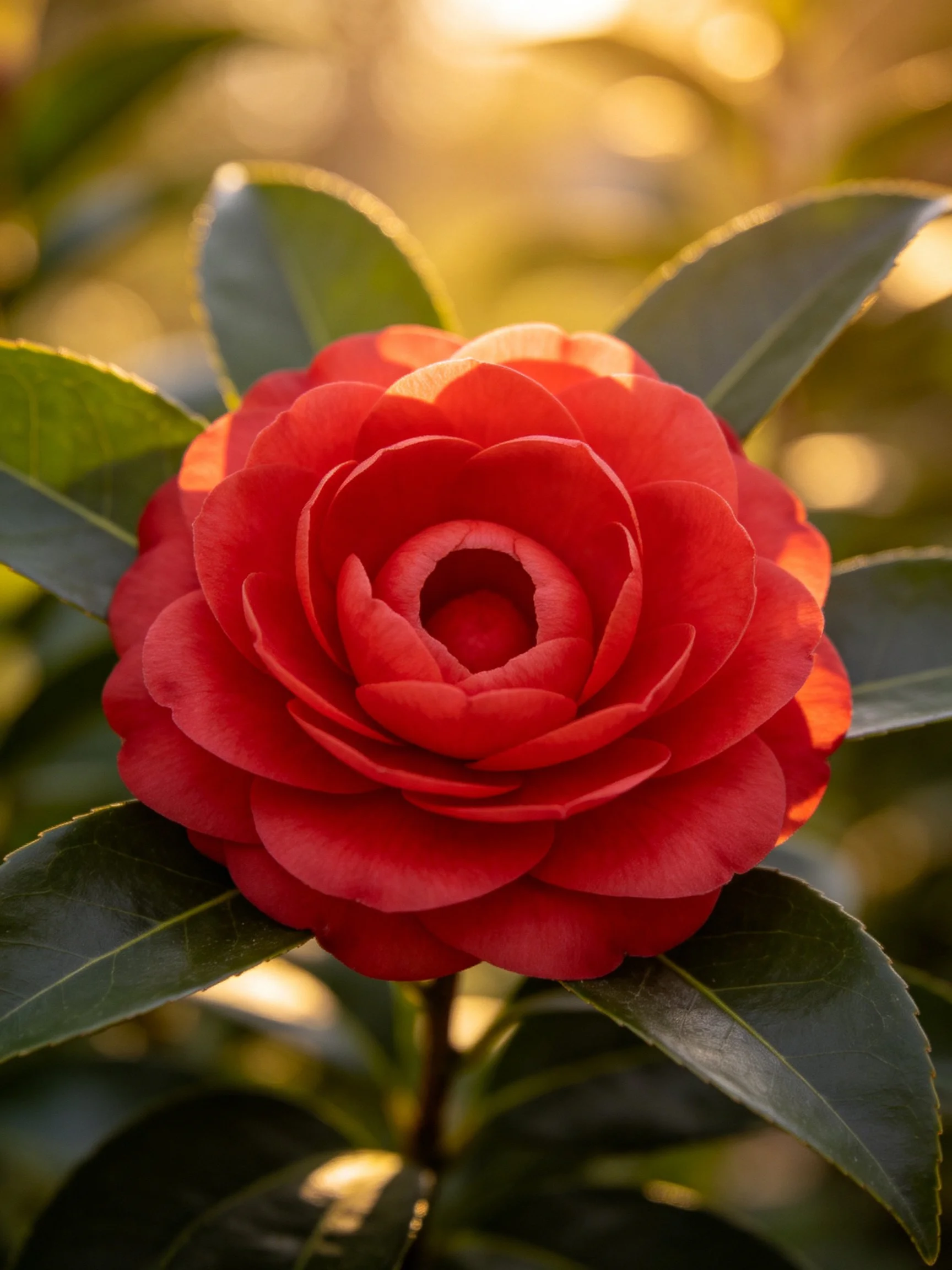 Vibrant red camellia flower surrounded by dark green leaves