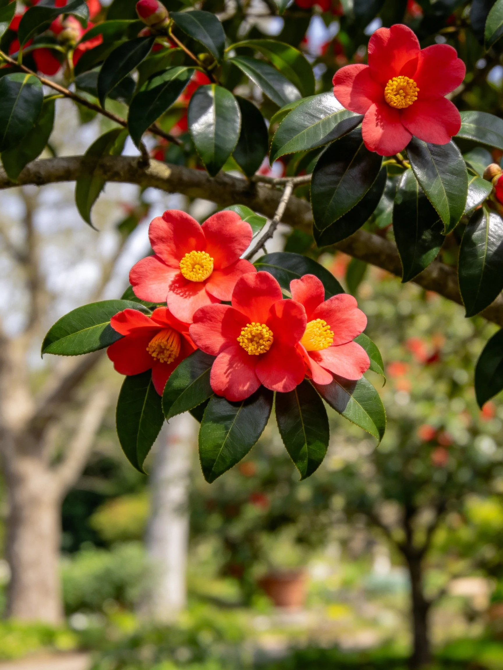 Vibrant red camellias bloom amid glossy green leaves in a sunlit garden