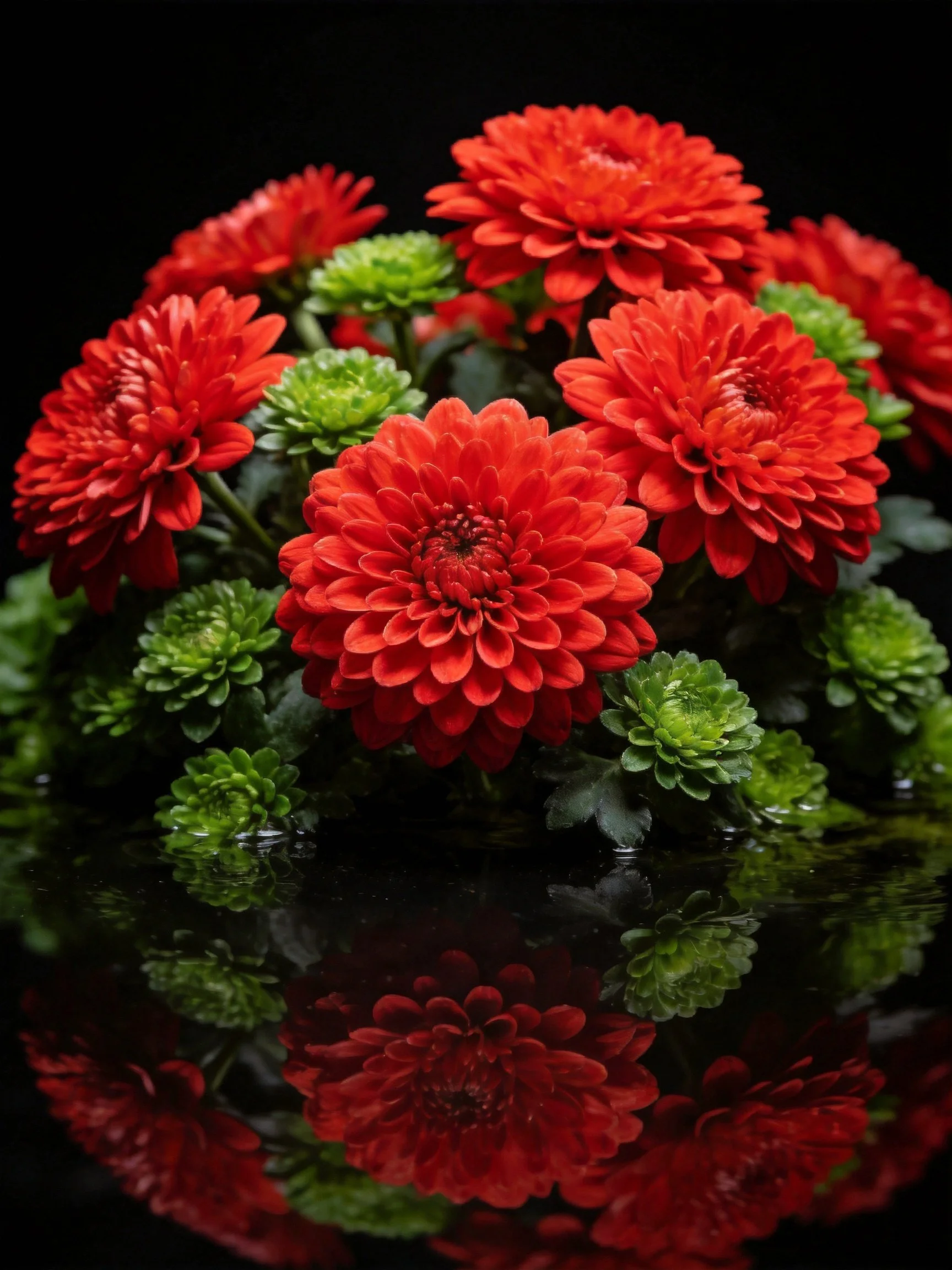 Chrysanthemums and green blooms with water reflection
