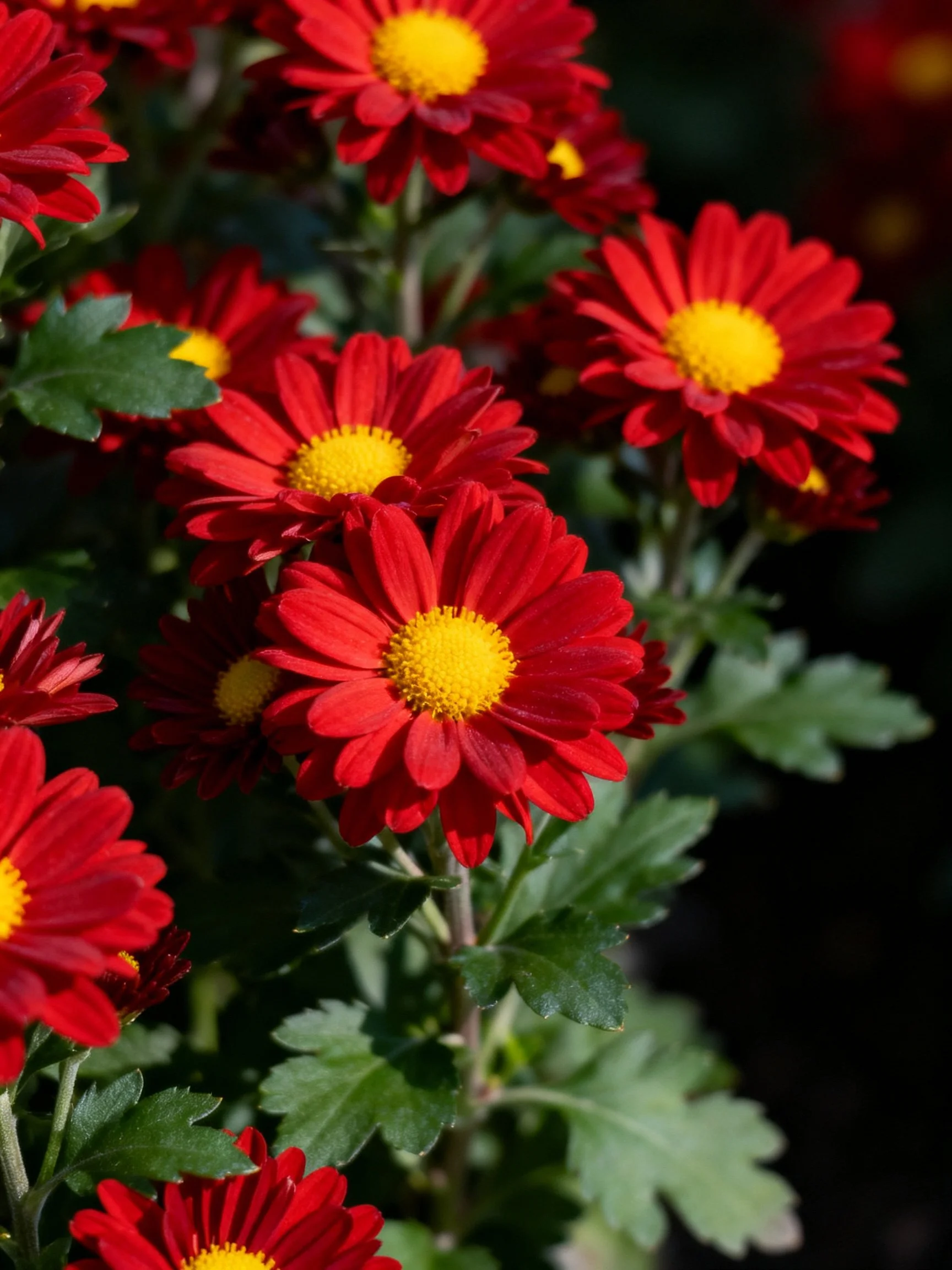 Vibrant red chrysanthemums with bright yellow centers