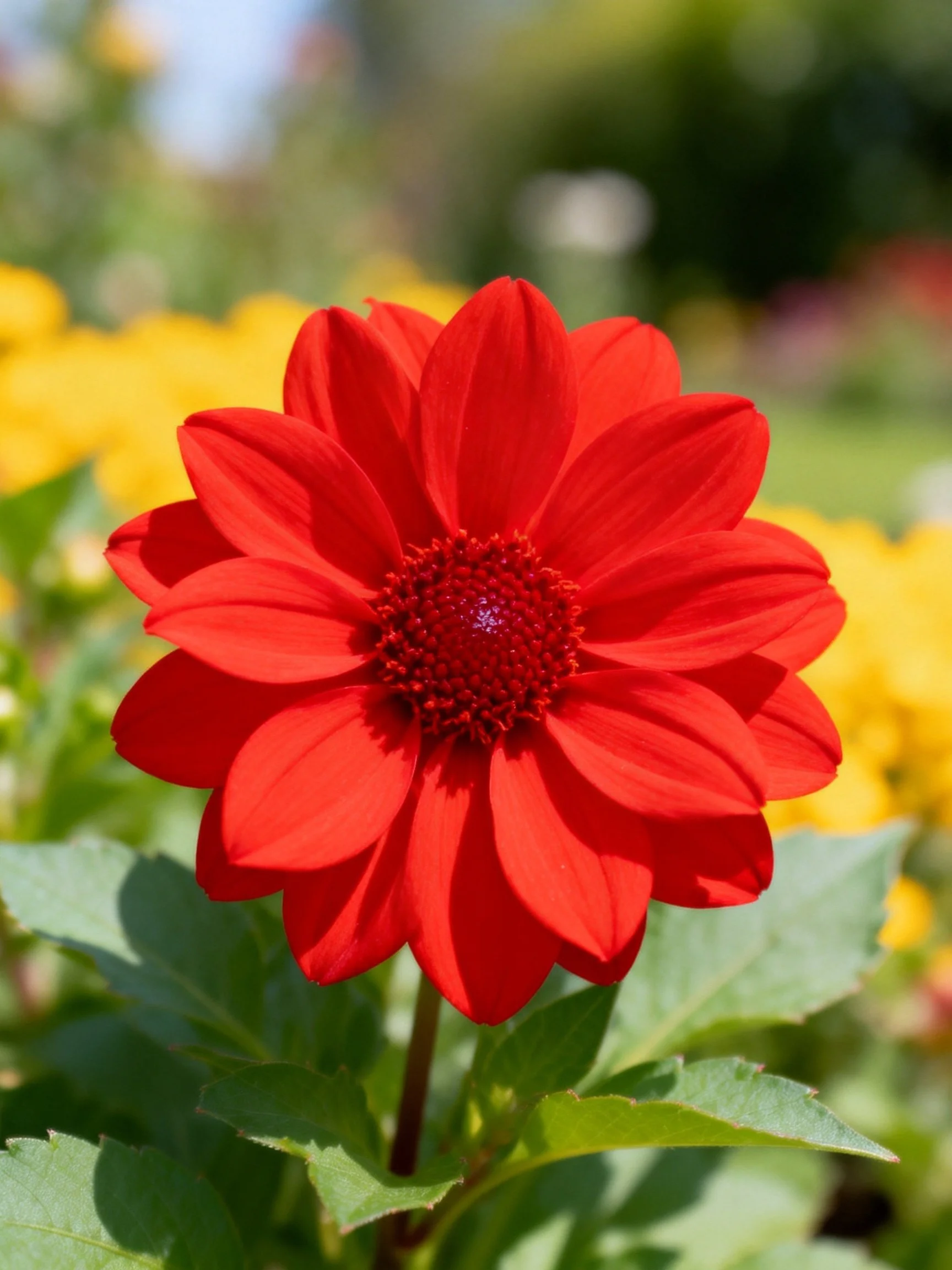 Vibrant red dahlia amidst yellow flowers in a garden