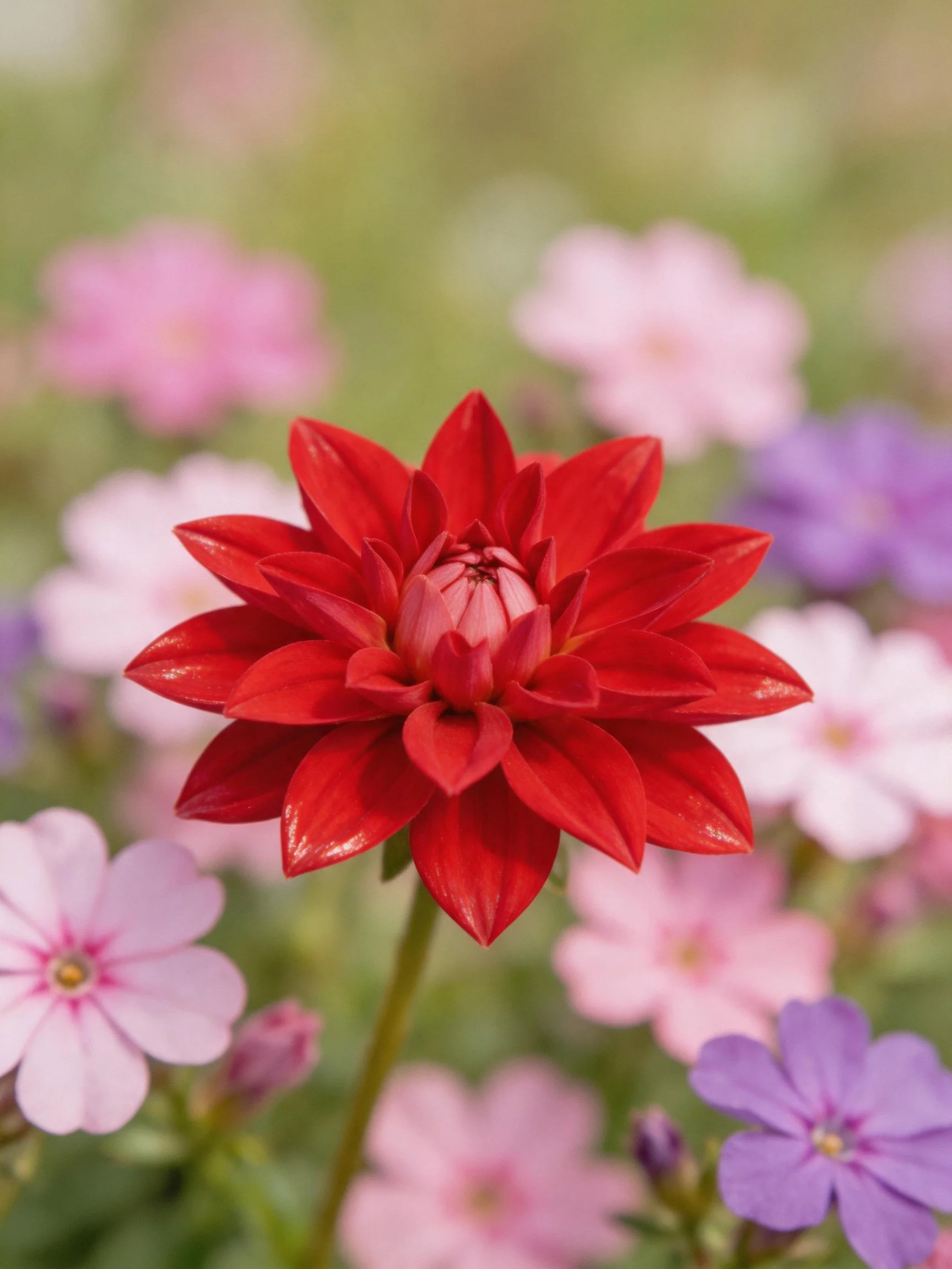 Vibrant red dahlia centered amid pastel-hued blooms