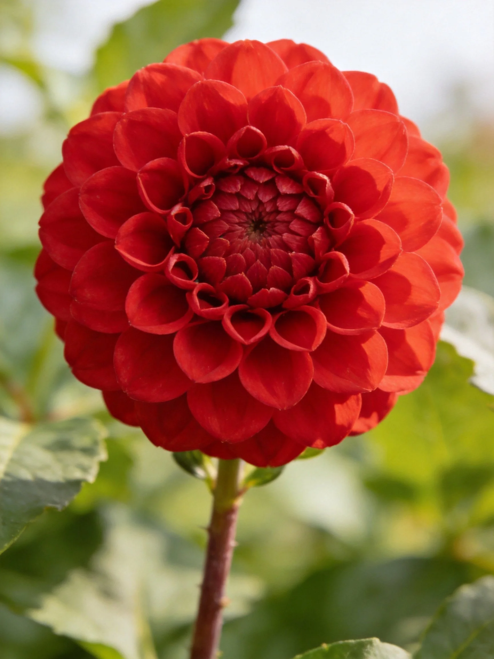 Vibrant red dahlia with layered petals against green foliage