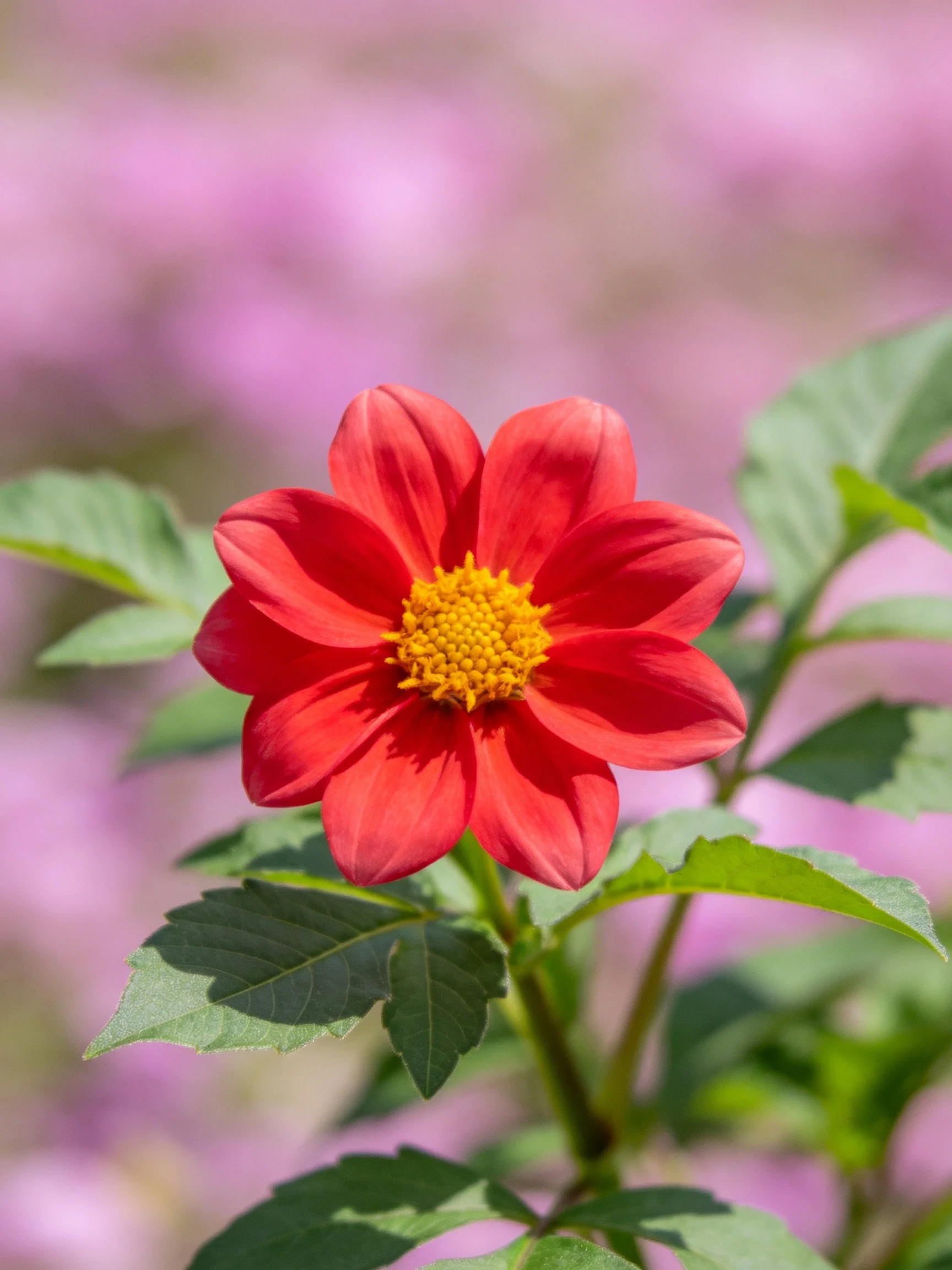 Vibrant red dahlia with yellow center and green foliage