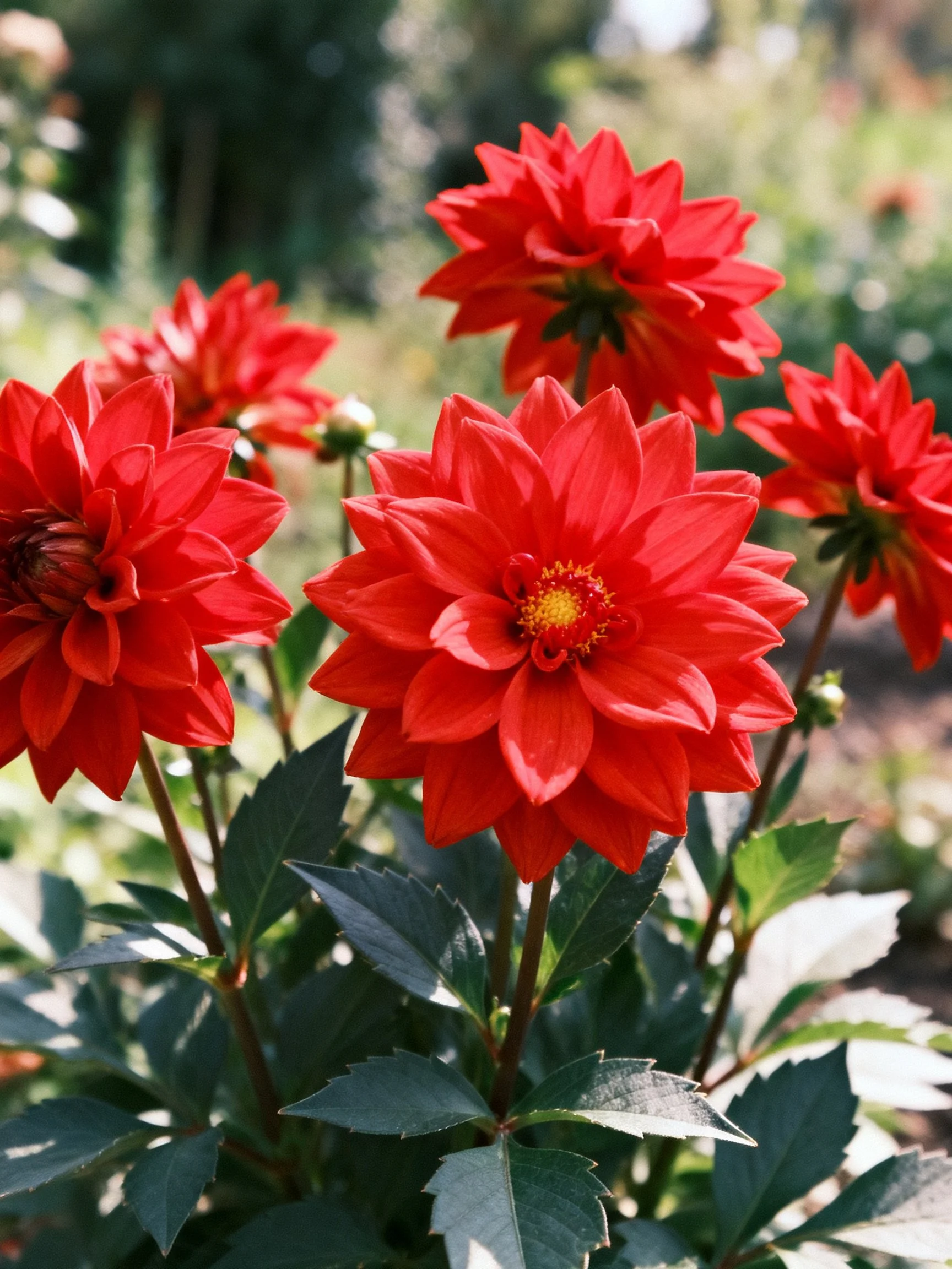 Vibrant red dahlias bloom among dark green foliage in a sunlit garden