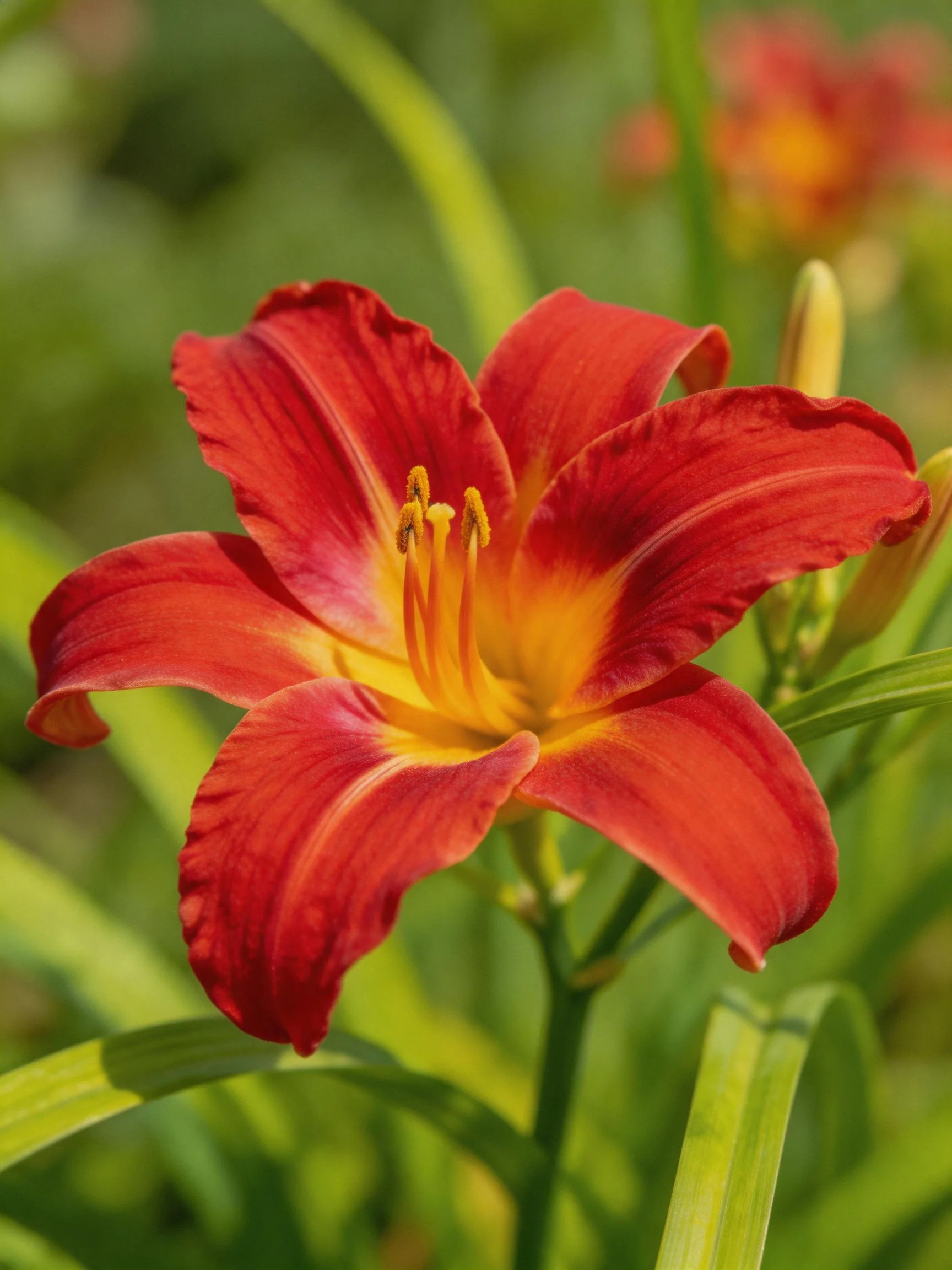 Vibrant red daylily with golden - yellow center amidst lush greenery