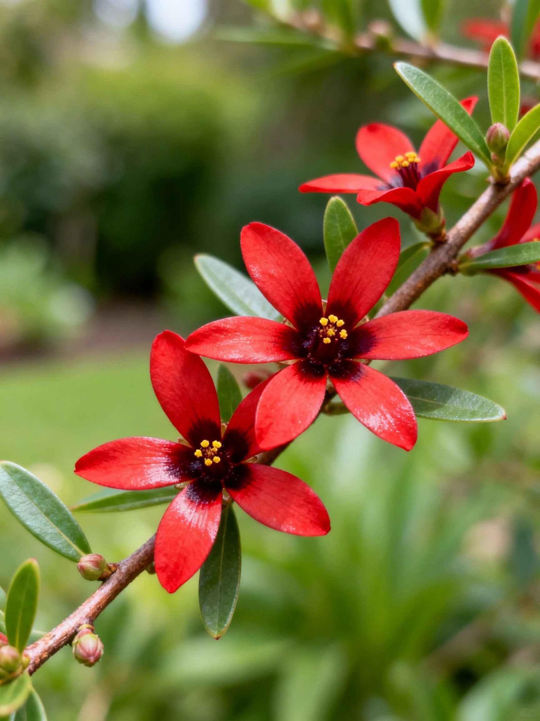 Vibrant red five - petaled flowers bloom among glossy green leaves