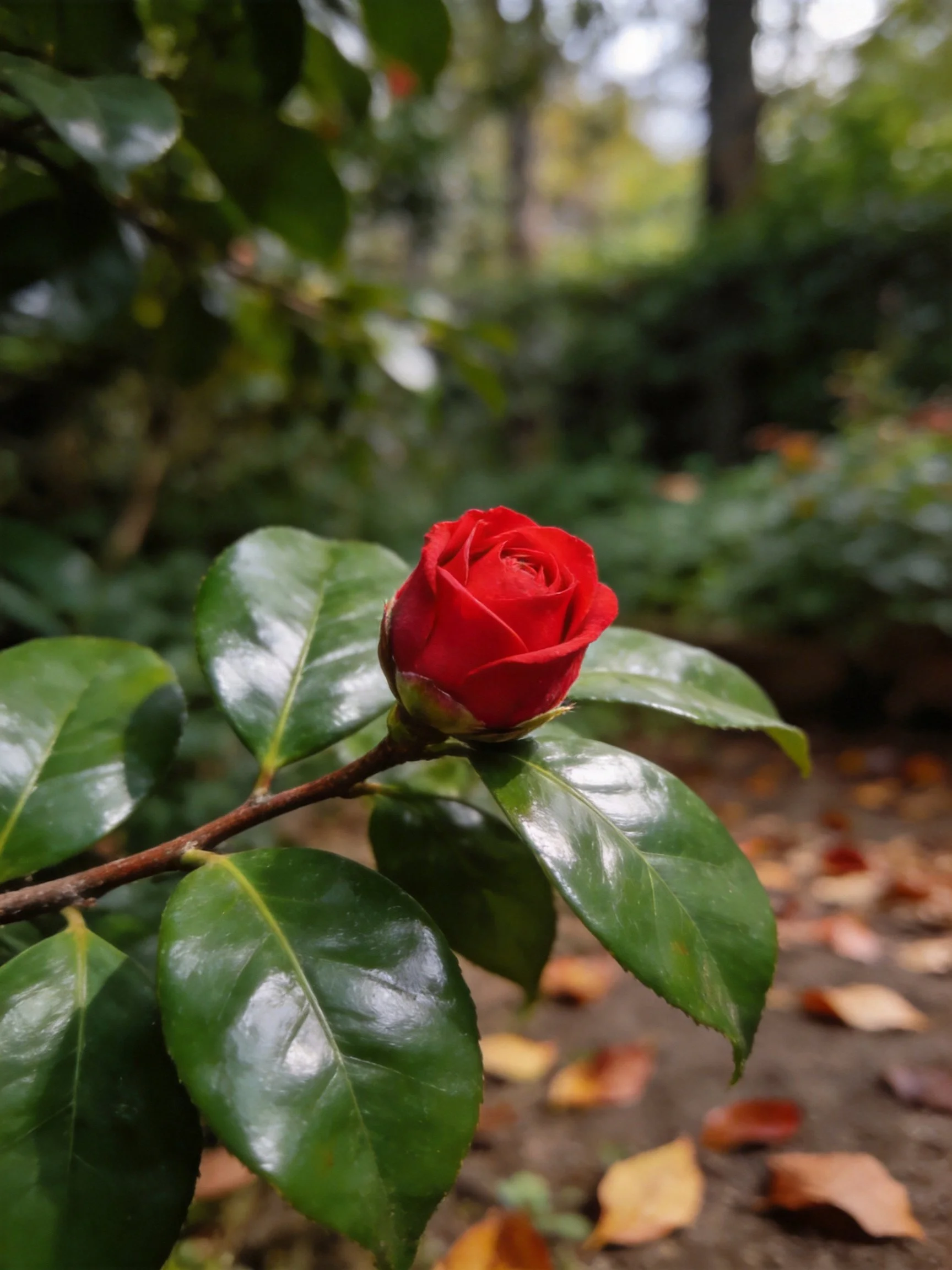 Vibrant red flower bud among glossy green leaves in a forest setting