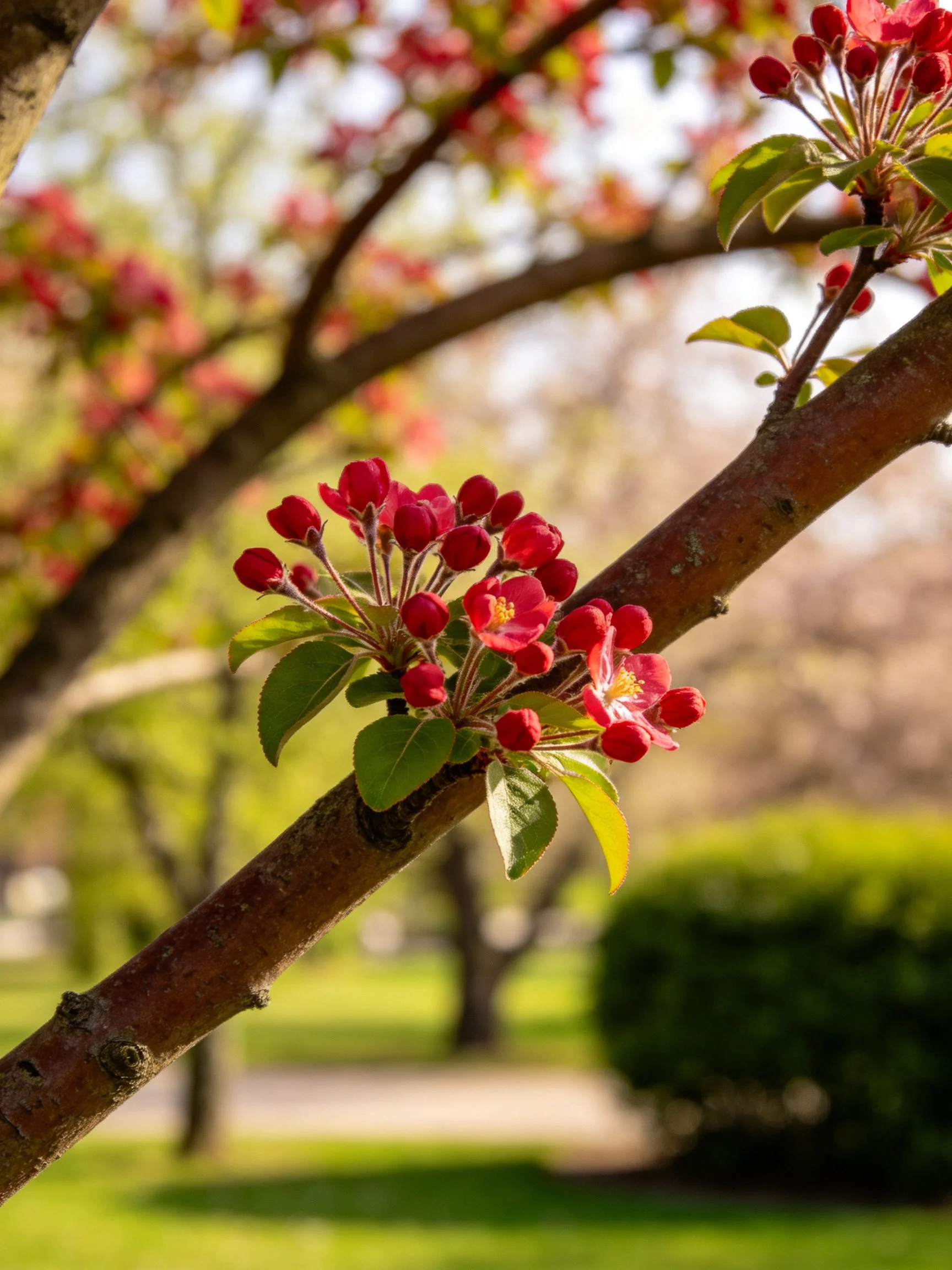 Vibrant red flower cluster blooms on a tree branch