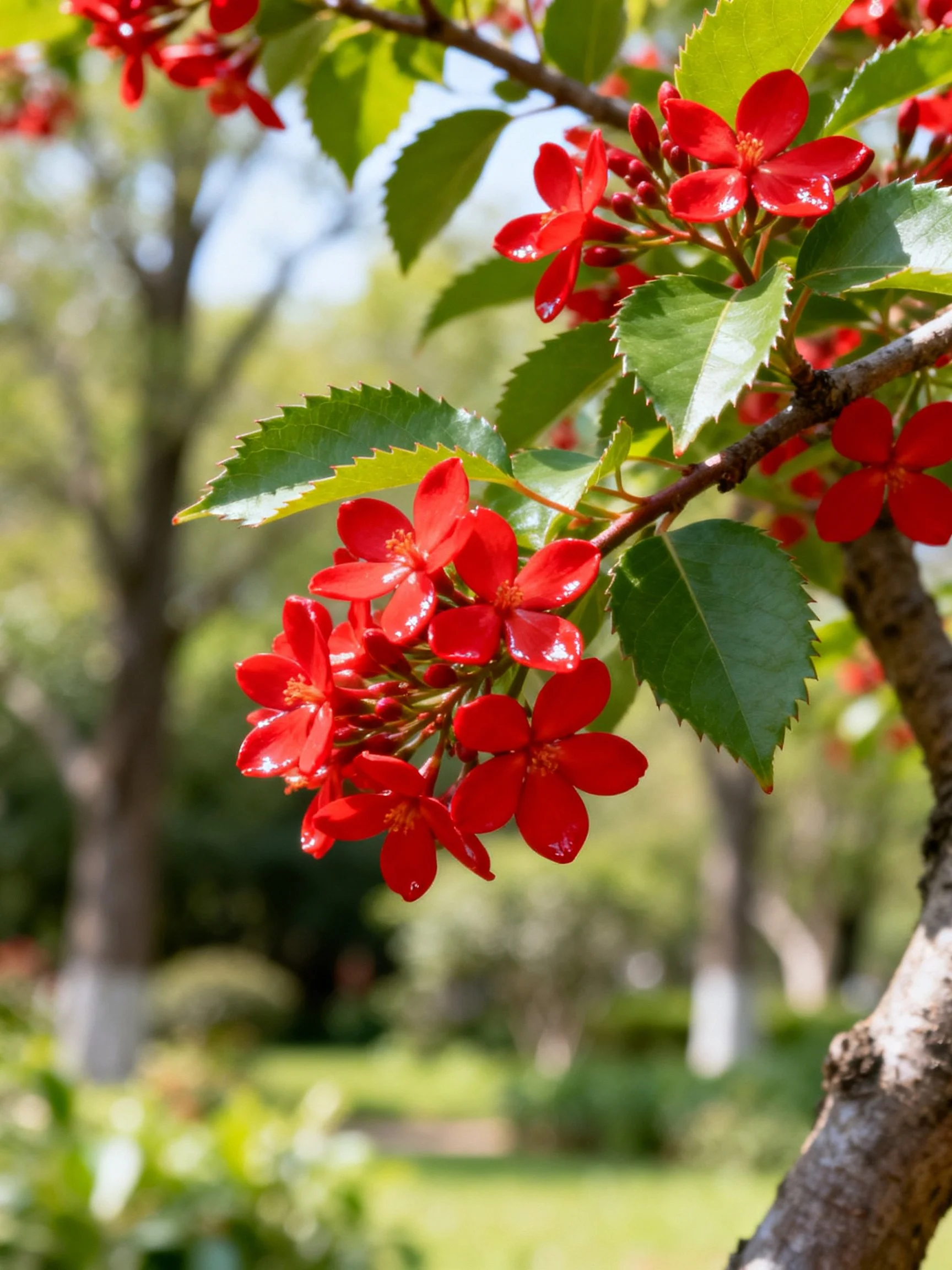 Vibrant red flower clusters with serrated green leaves on a tree branch