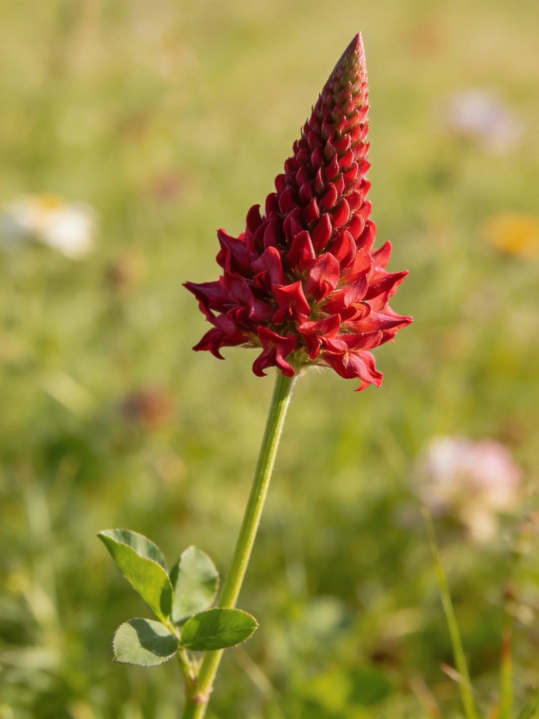 Vibrant red flower with clustered petals atop a slender stem