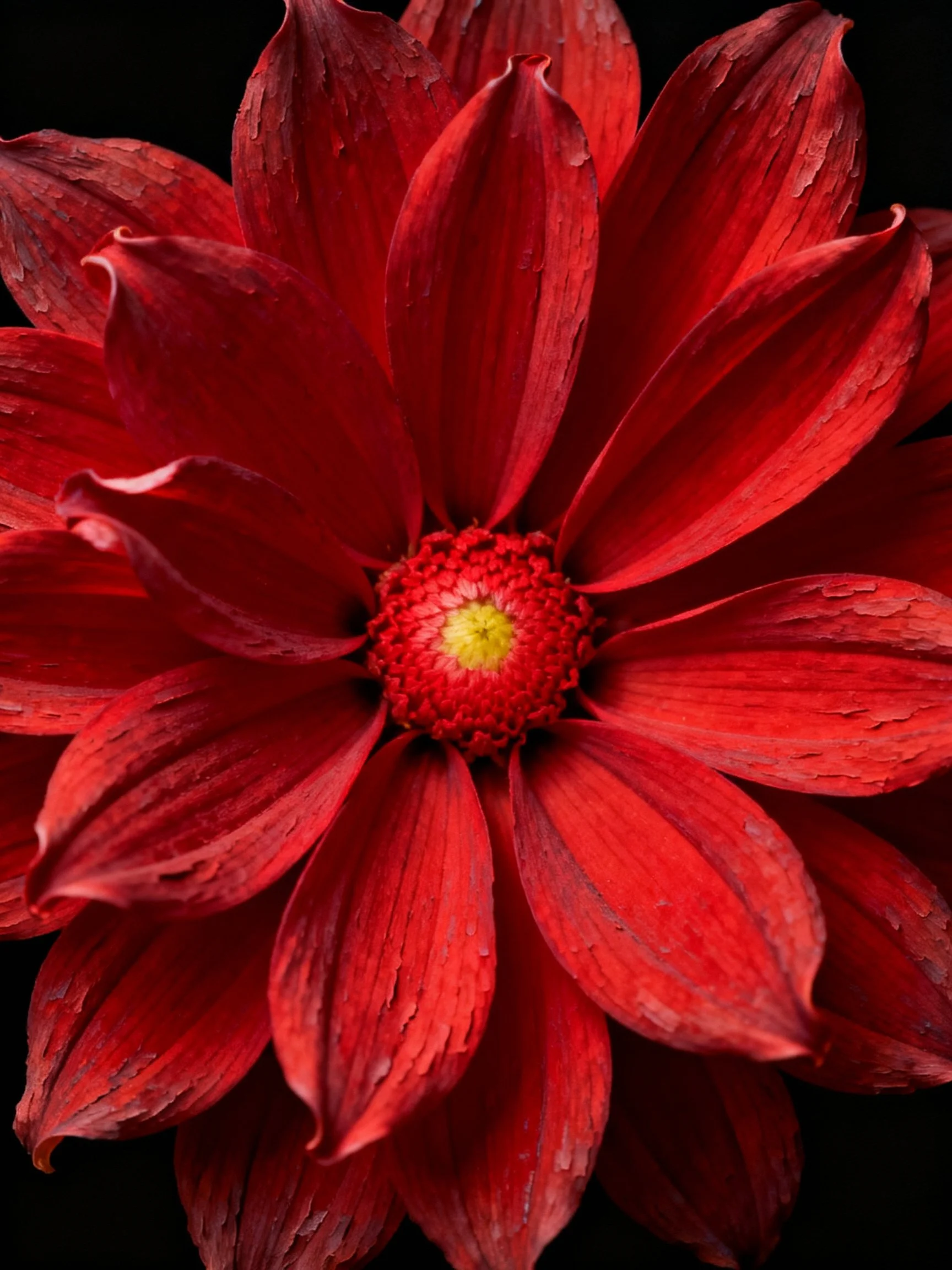 Vibrant red flower with layered petals and central yellow core