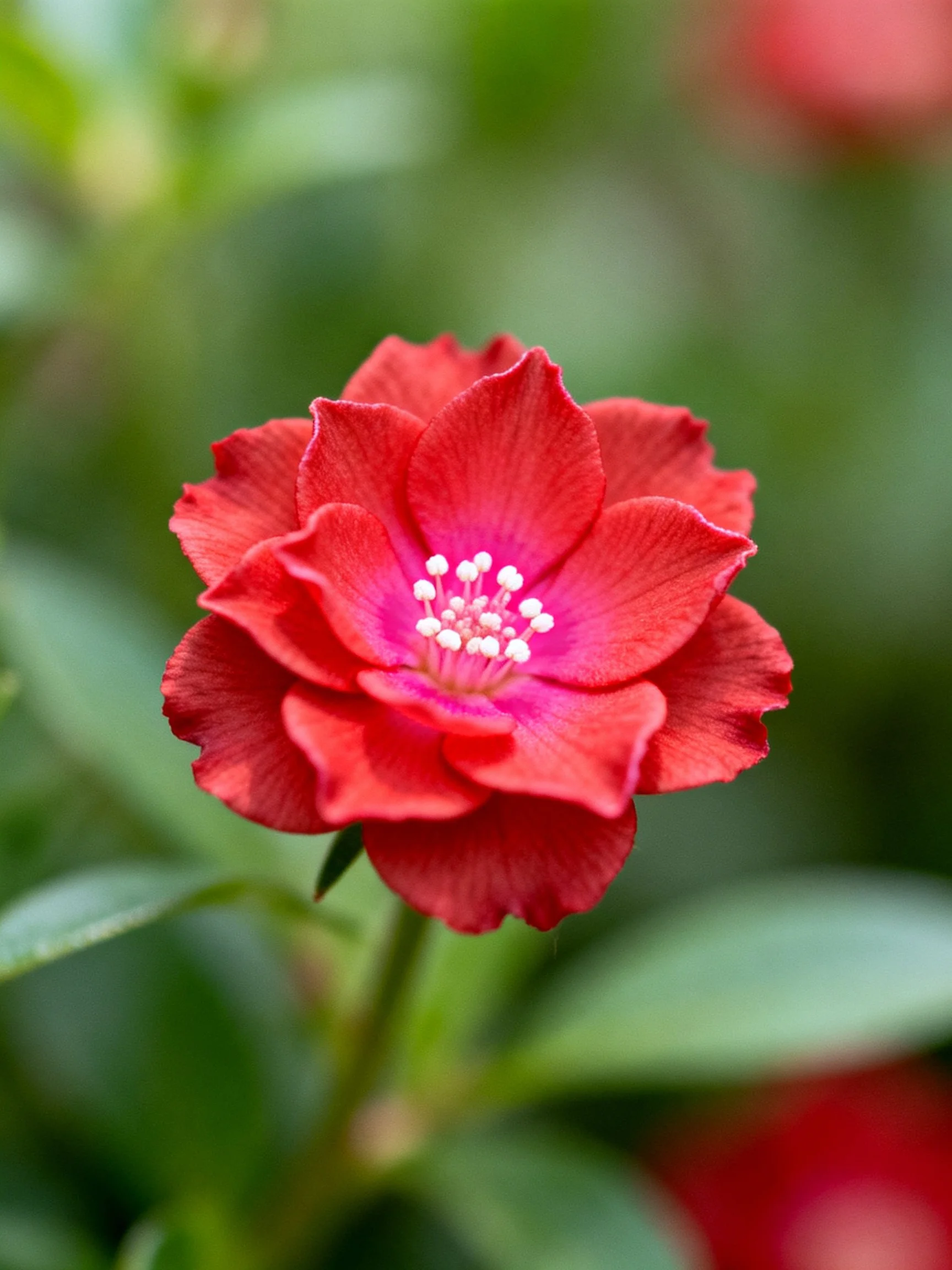 Vibrant red flower with layered petals and green foliage