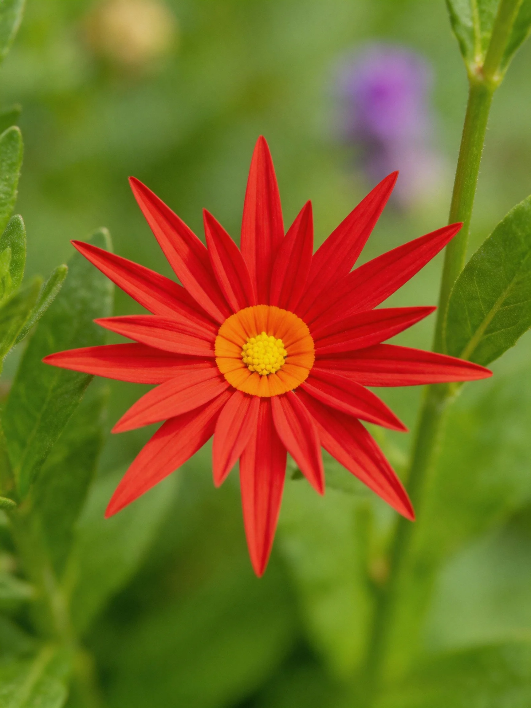 Vibrant red flower with orange and yellow center amid green foliage