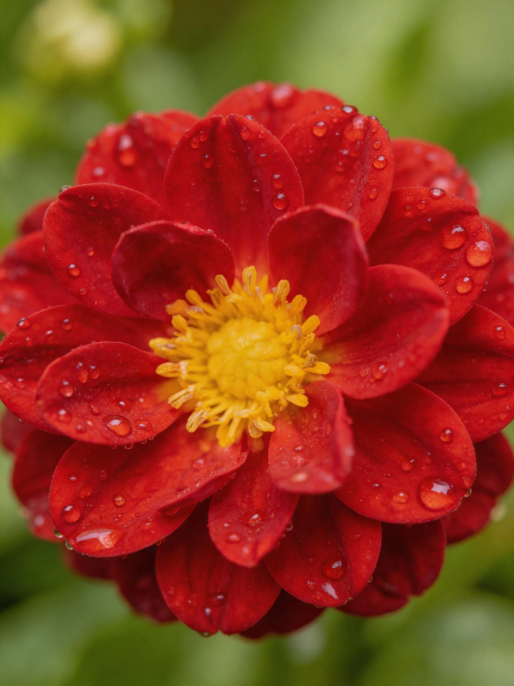 Vibrant red flower with water droplets and yellow center