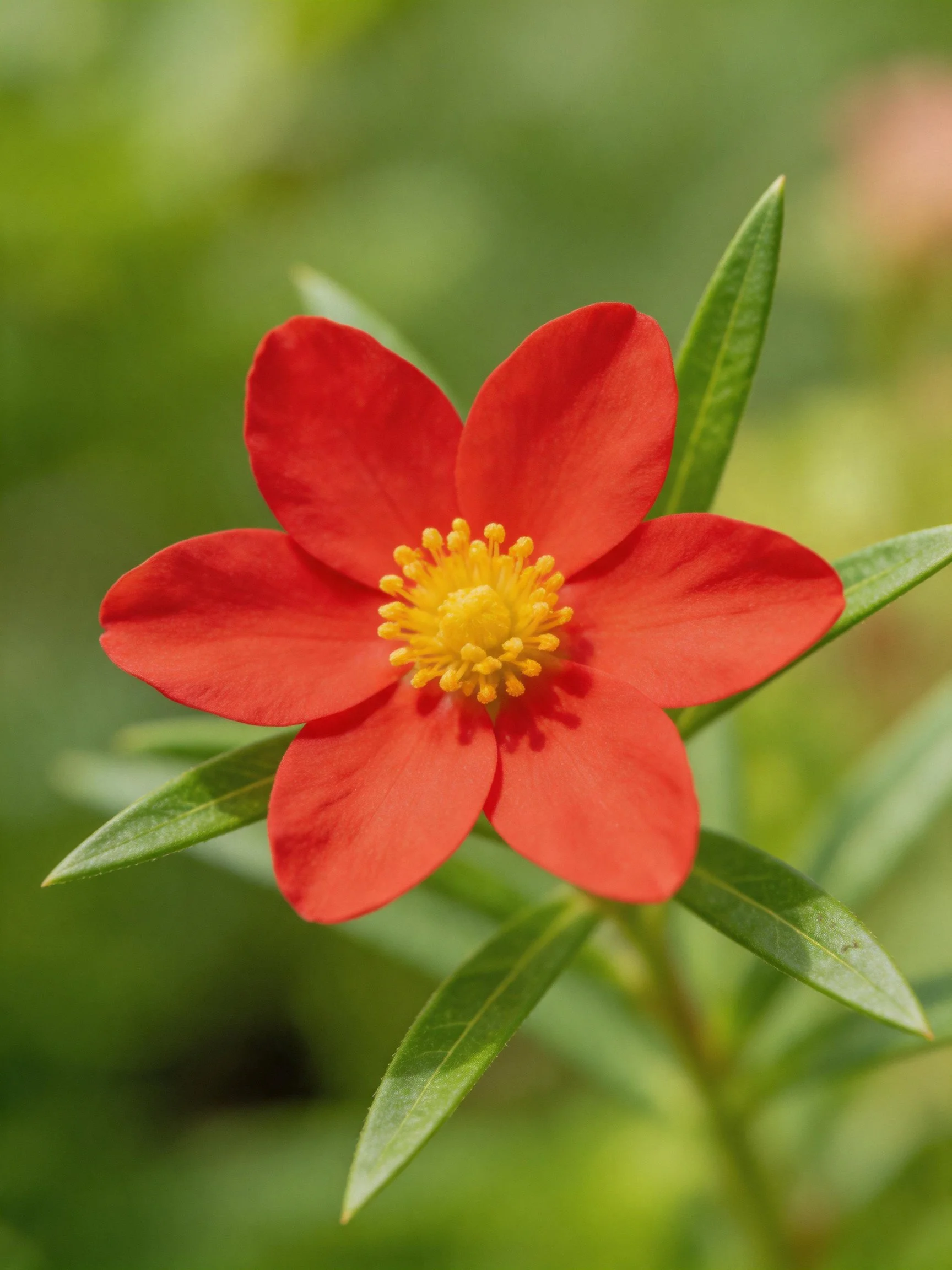Close - up of a bright red flower with a yellow center amid green leaves.