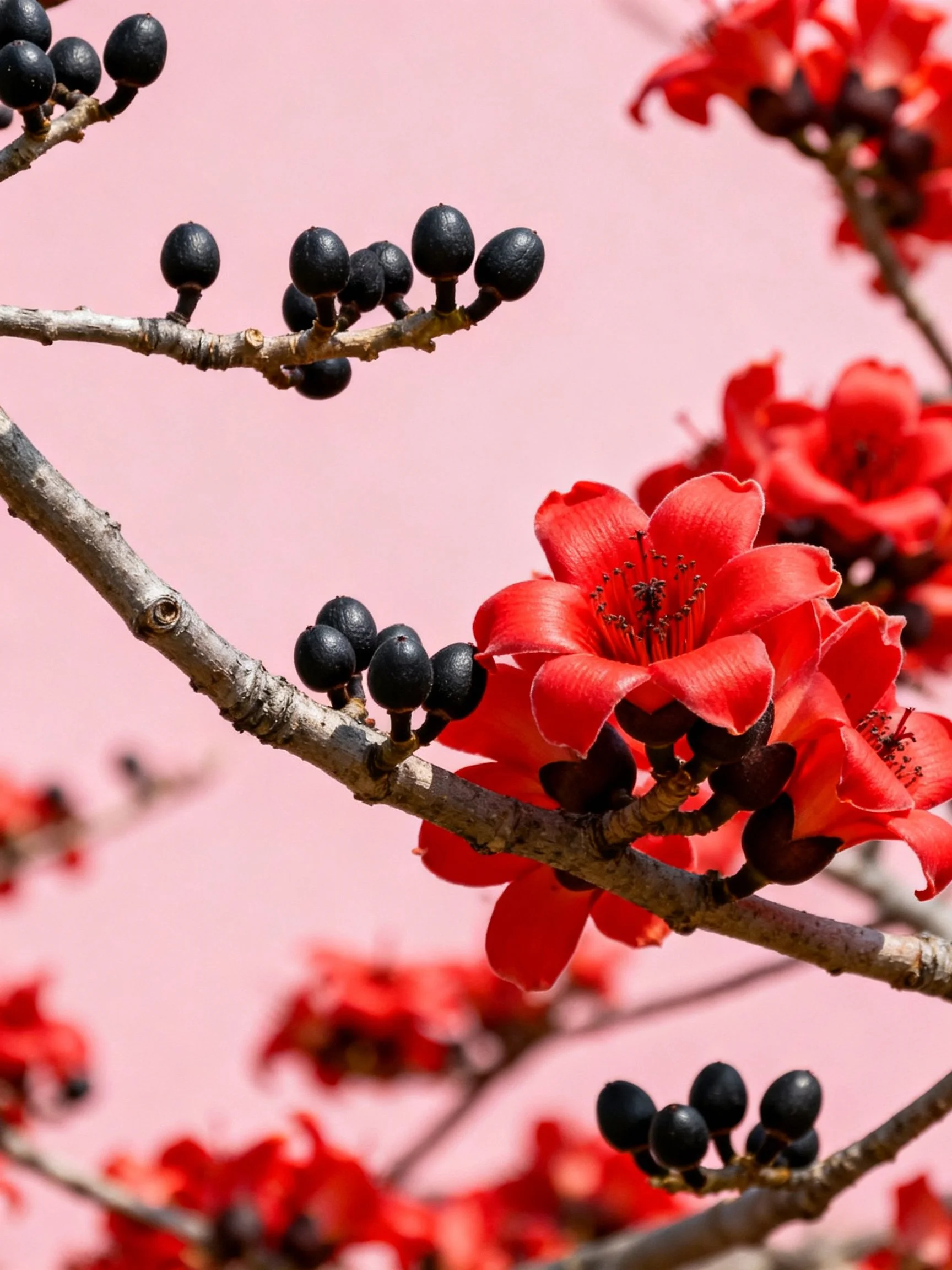 Vibrant red flowers and glossy black buds on slender tree branches