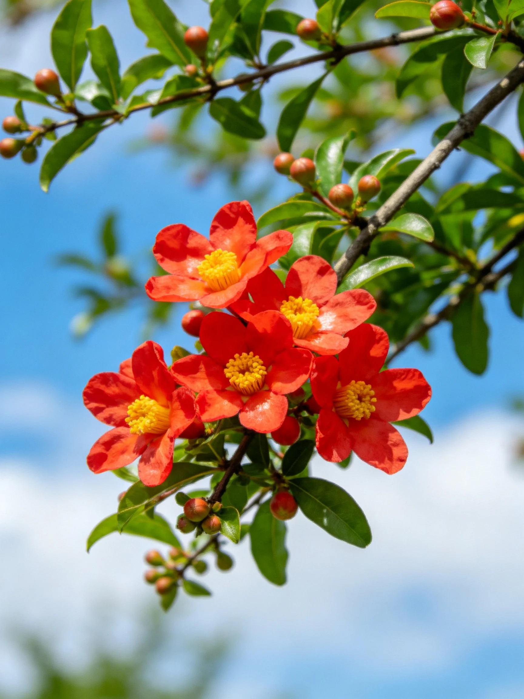 Vibrant red flowers bloom amid glossy green leaves and brown buds